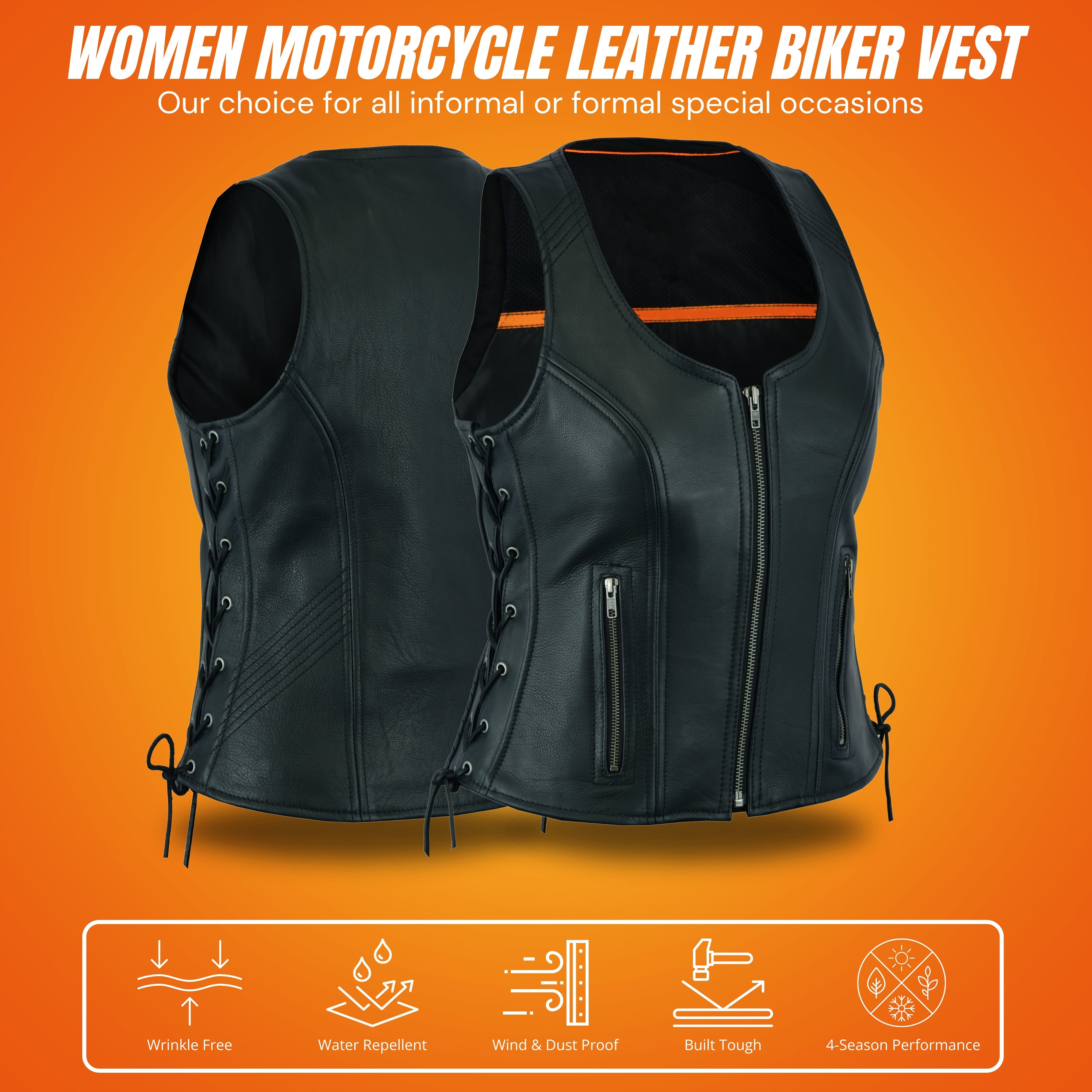 Women’s Black ‘Open Neck’ Motorcycle Leather Vest with Side Laces – Premium Biker Gear by Rexons