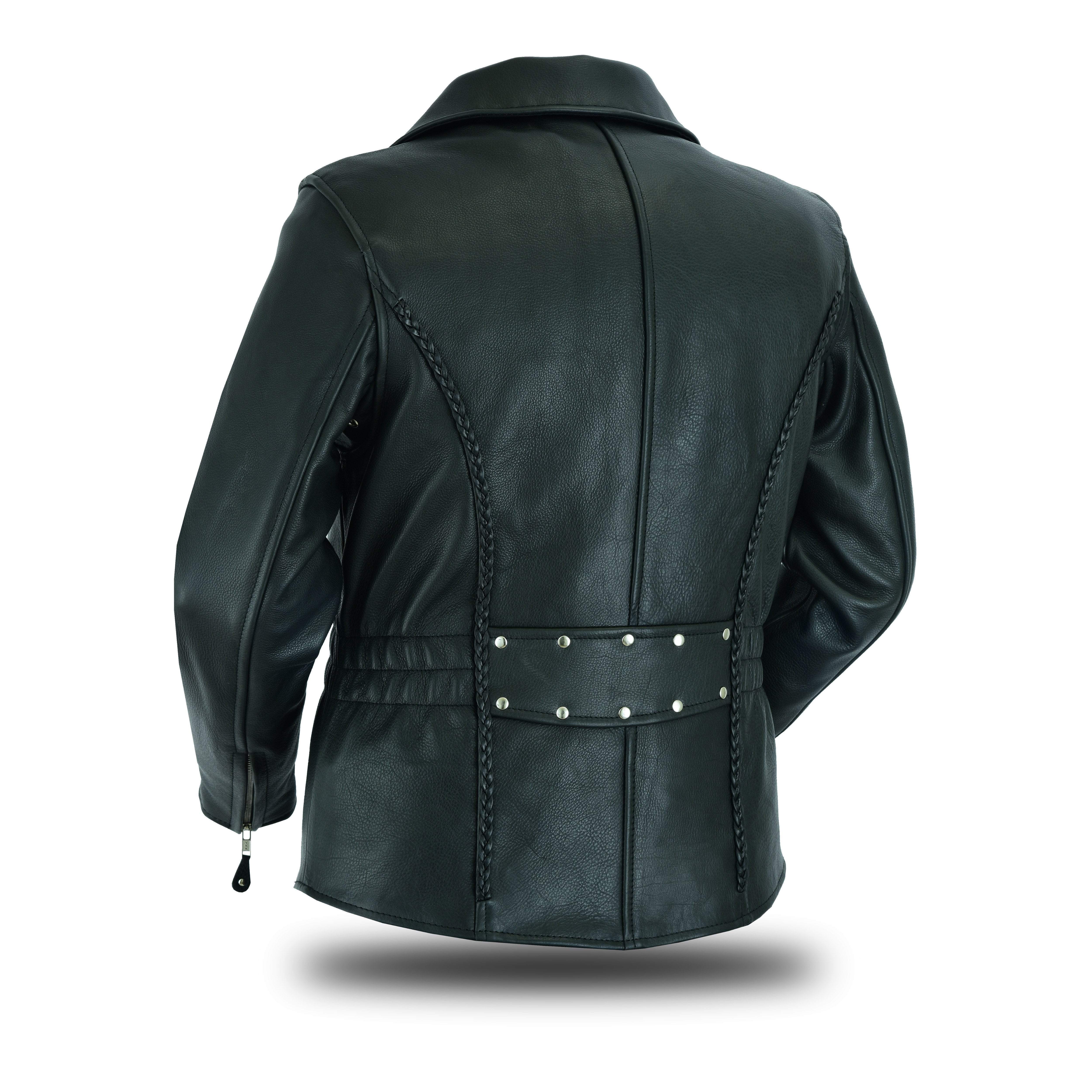 Women’s Full-Length Motorcycle Leather Jacket – Side Stretch Panels & Concealed Gun Pocket