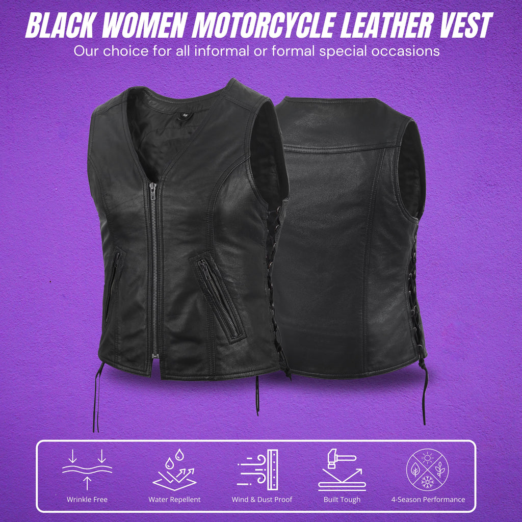 Women's Motorcycle Leather Vest – Black Lambskin with Front Zipper & Side Lace – by Rexons
