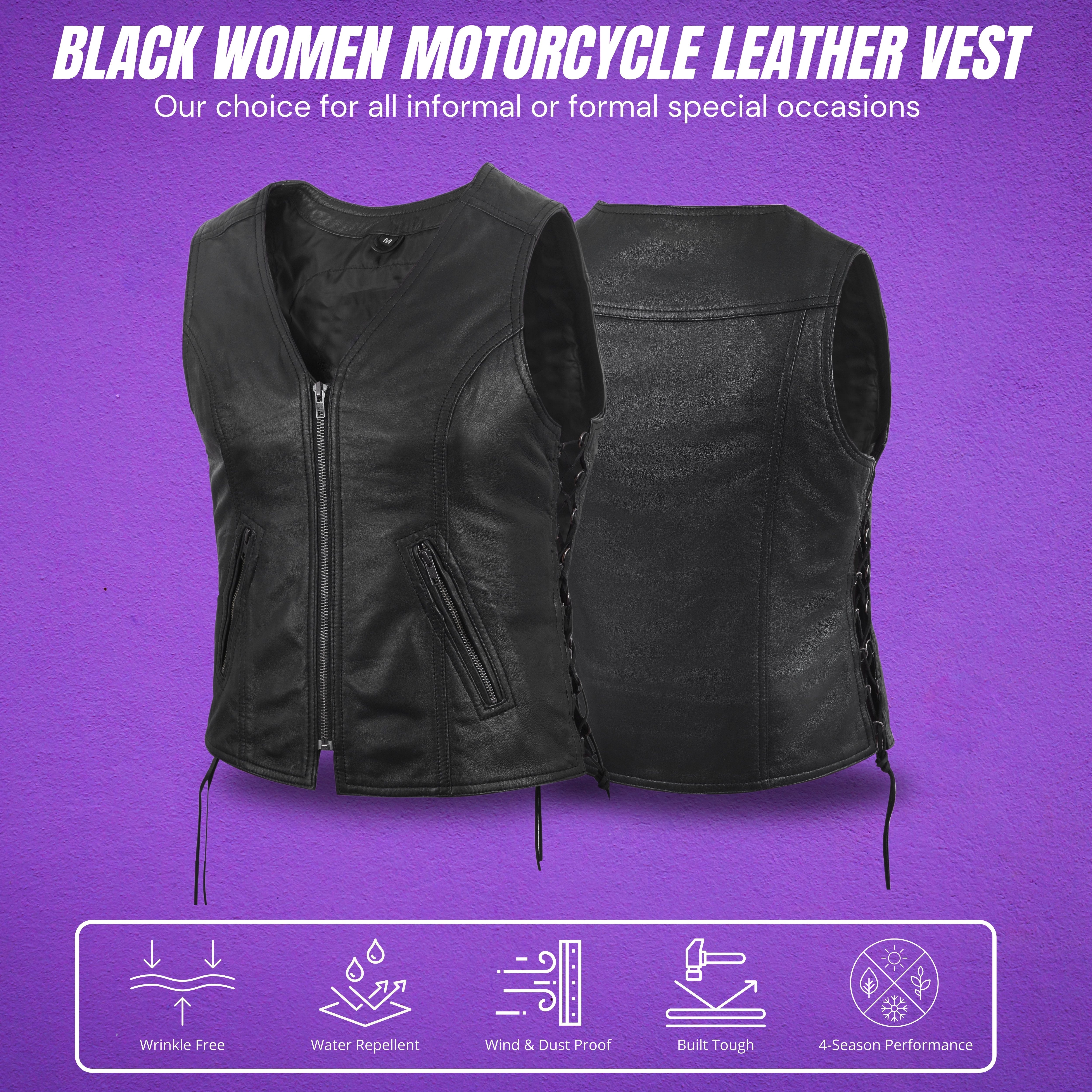 Women's Motorcycle Leather Vest – Black Lambskin with Front Zipper & Side Lace – by Rexons