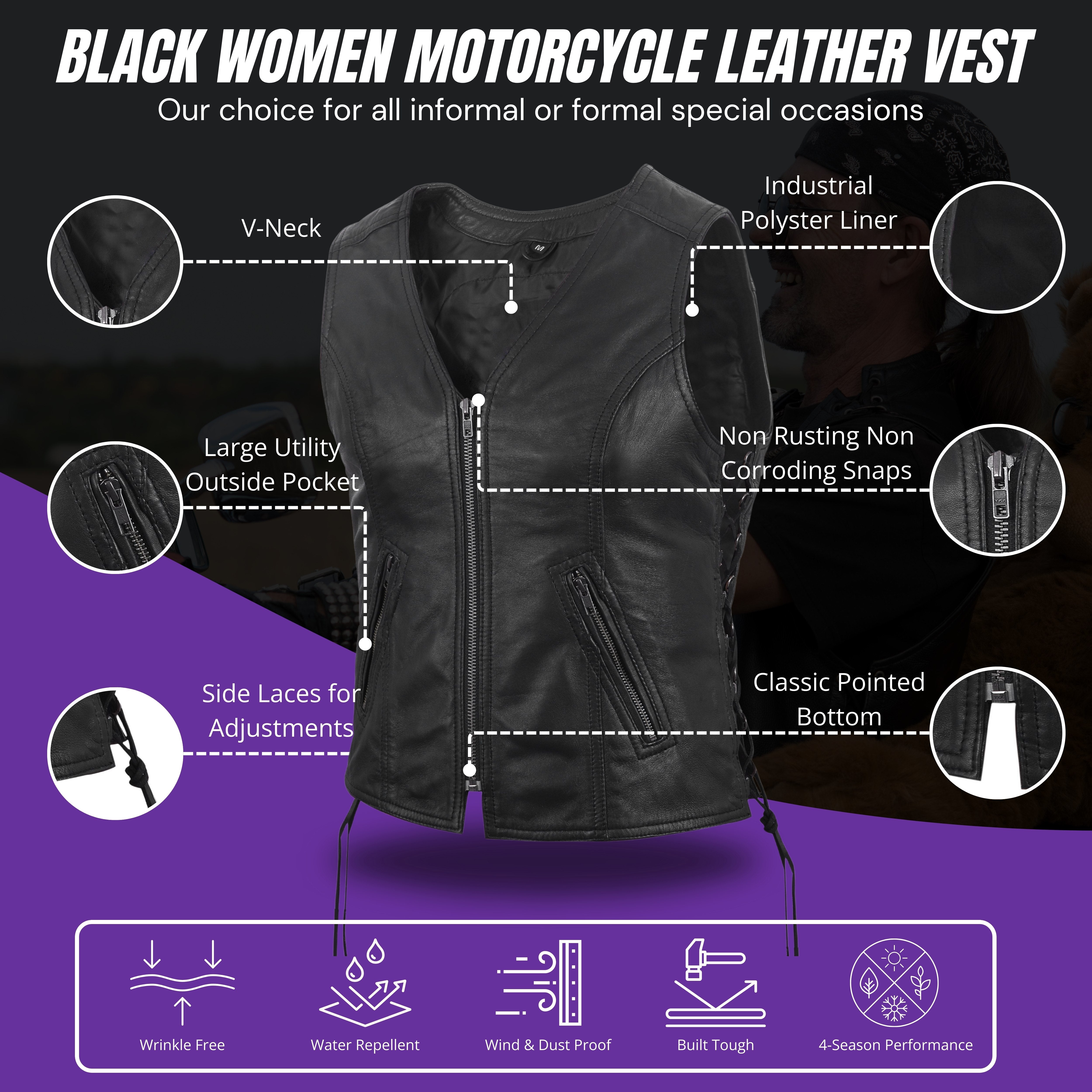 Women's Motorcycle Leather Vest – Black Lambskin with Front Zipper & Side Lace – by Rexons