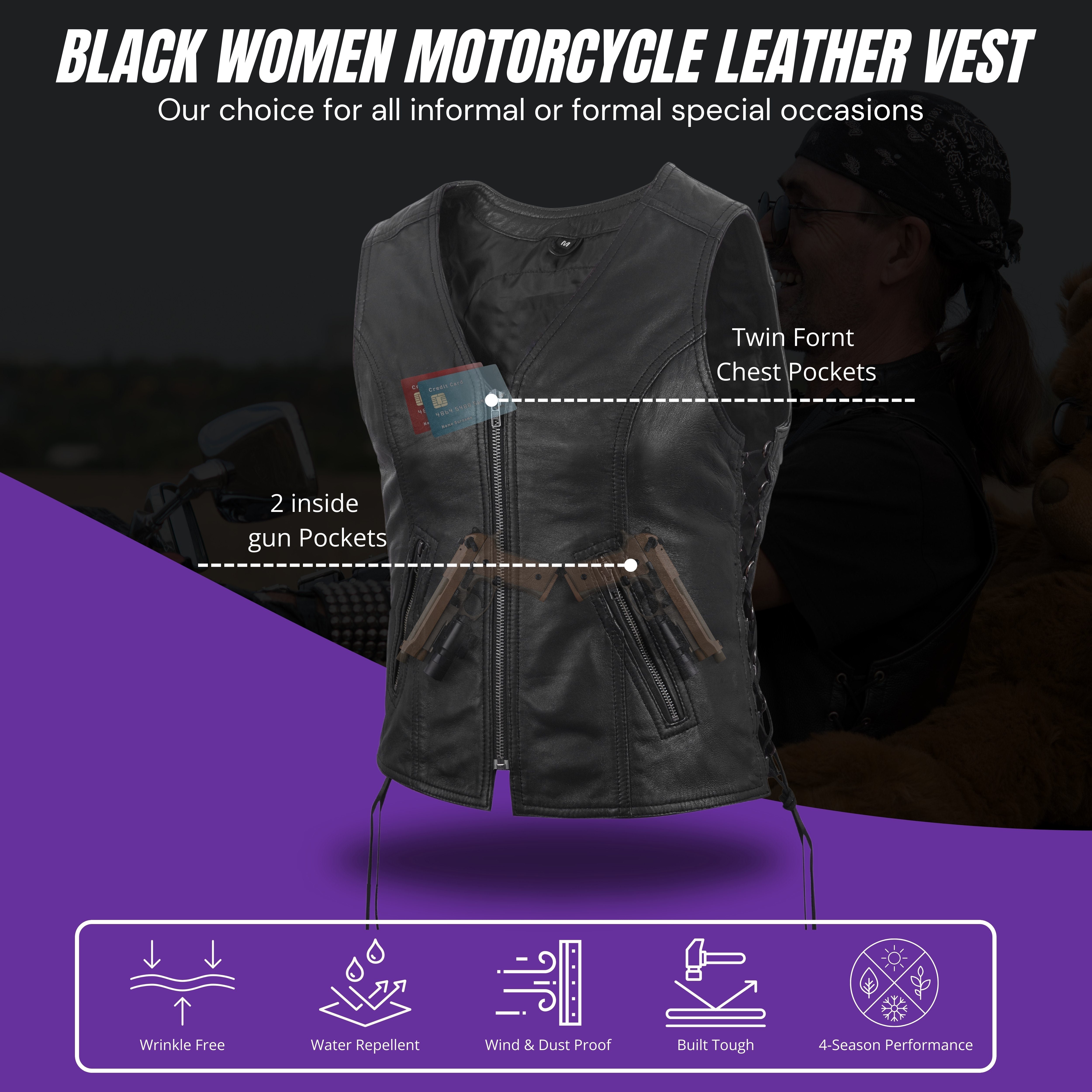 Women's Motorcycle Leather Vest – Black Lambskin with Front Zipper & Side Lace – by Rexons