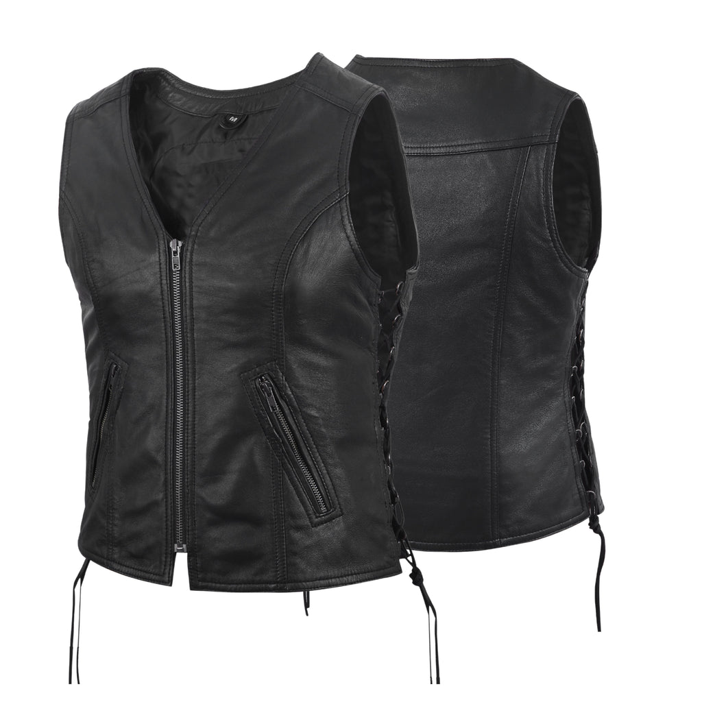 Women's Motorcycle Leather Vest – Black Lambskin with Front Zipper & Side Lace – by Rexons