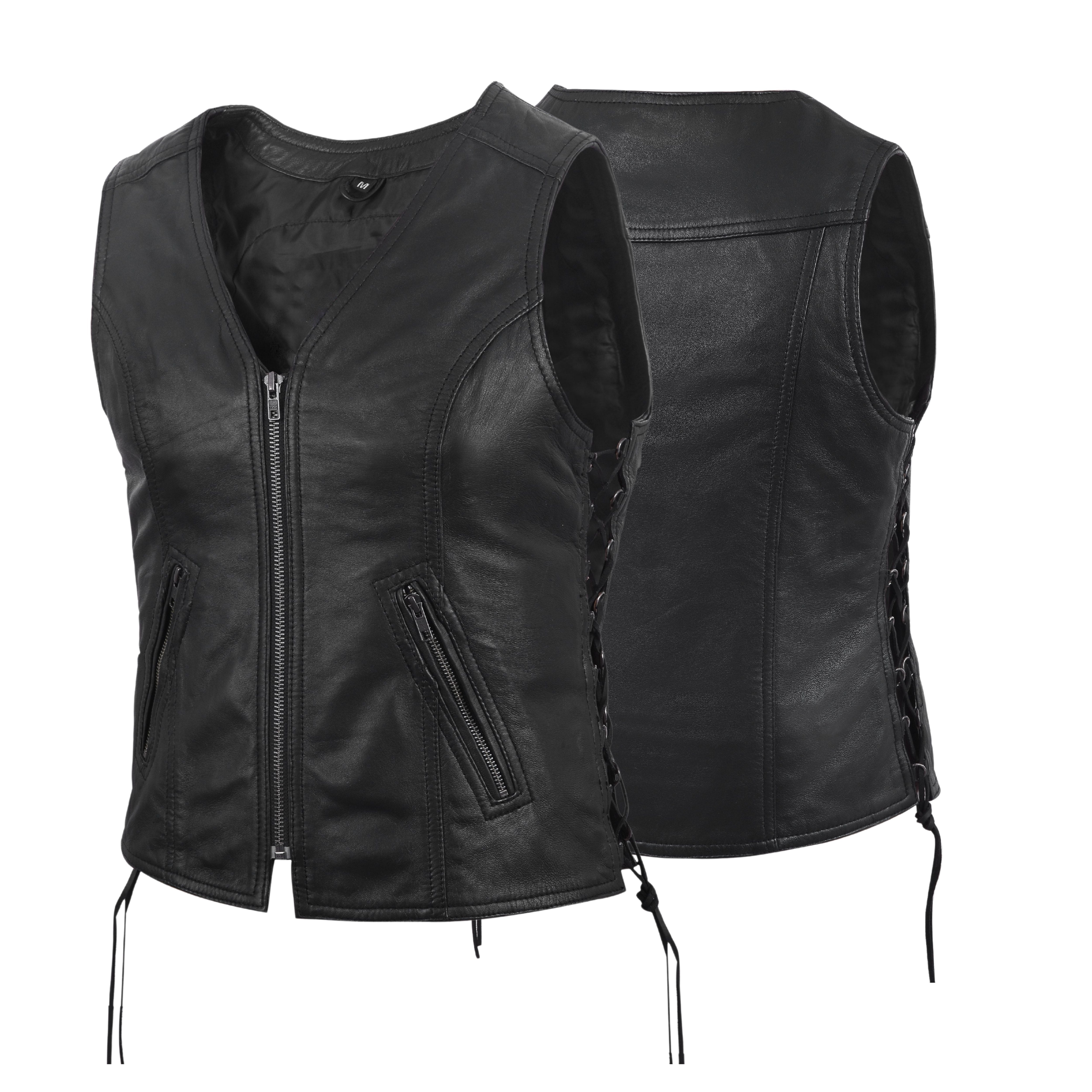 Women's Motorcycle Leather Vest – Black Lambskin with Front Zipper & Side Lace – by Rexons
