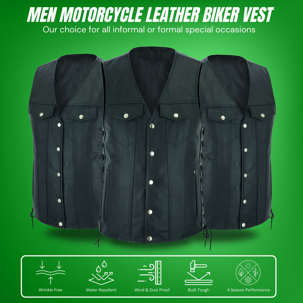 Men's Side Lace Biker Motorcycle Leather Vest – Concealed Carry Gun Pockets, Classic Rider Style by Rexons