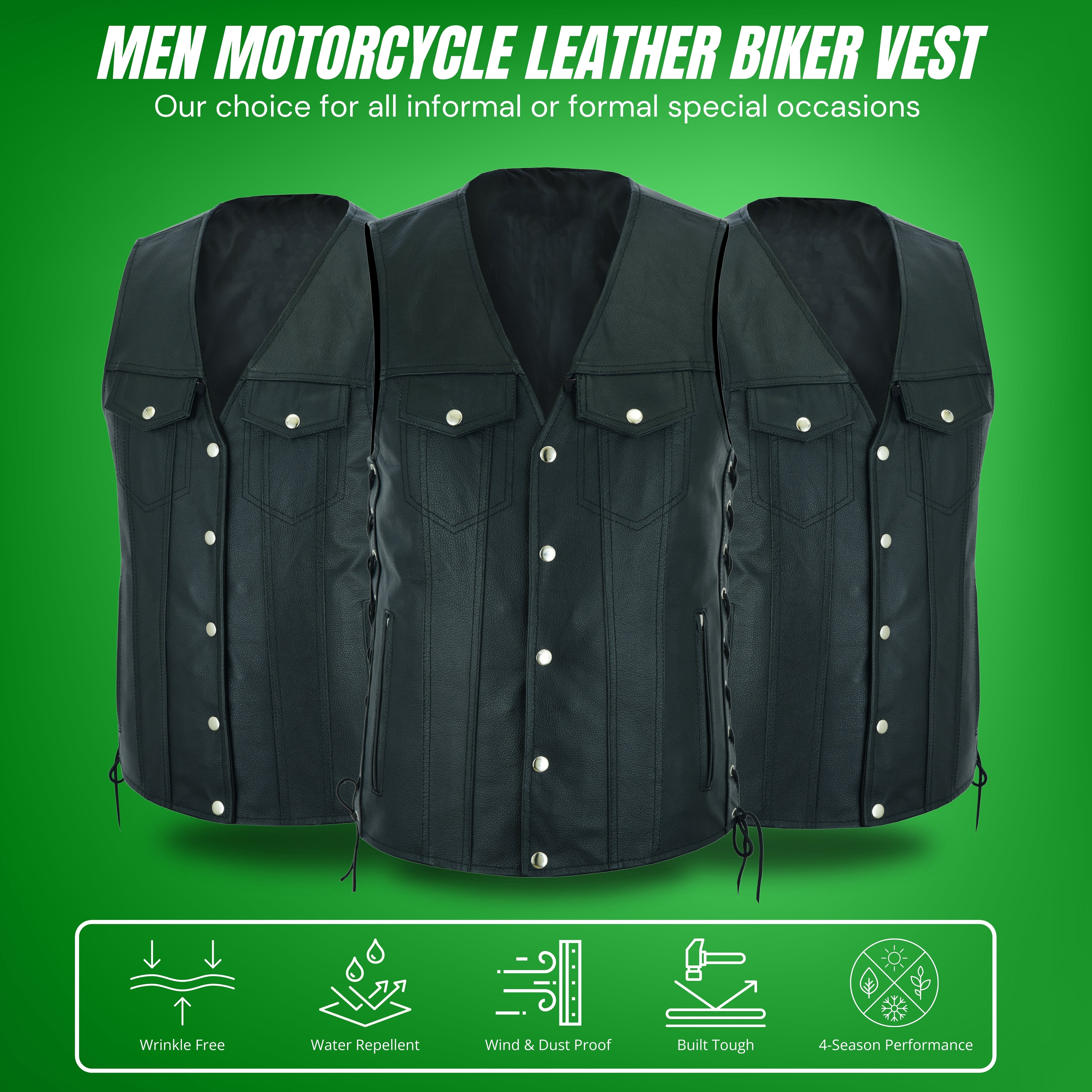Men's Side Lace Biker Motorcycle Leather Vest – Concealed Carry Gun Pockets, Classic Rider Style by Rexons
