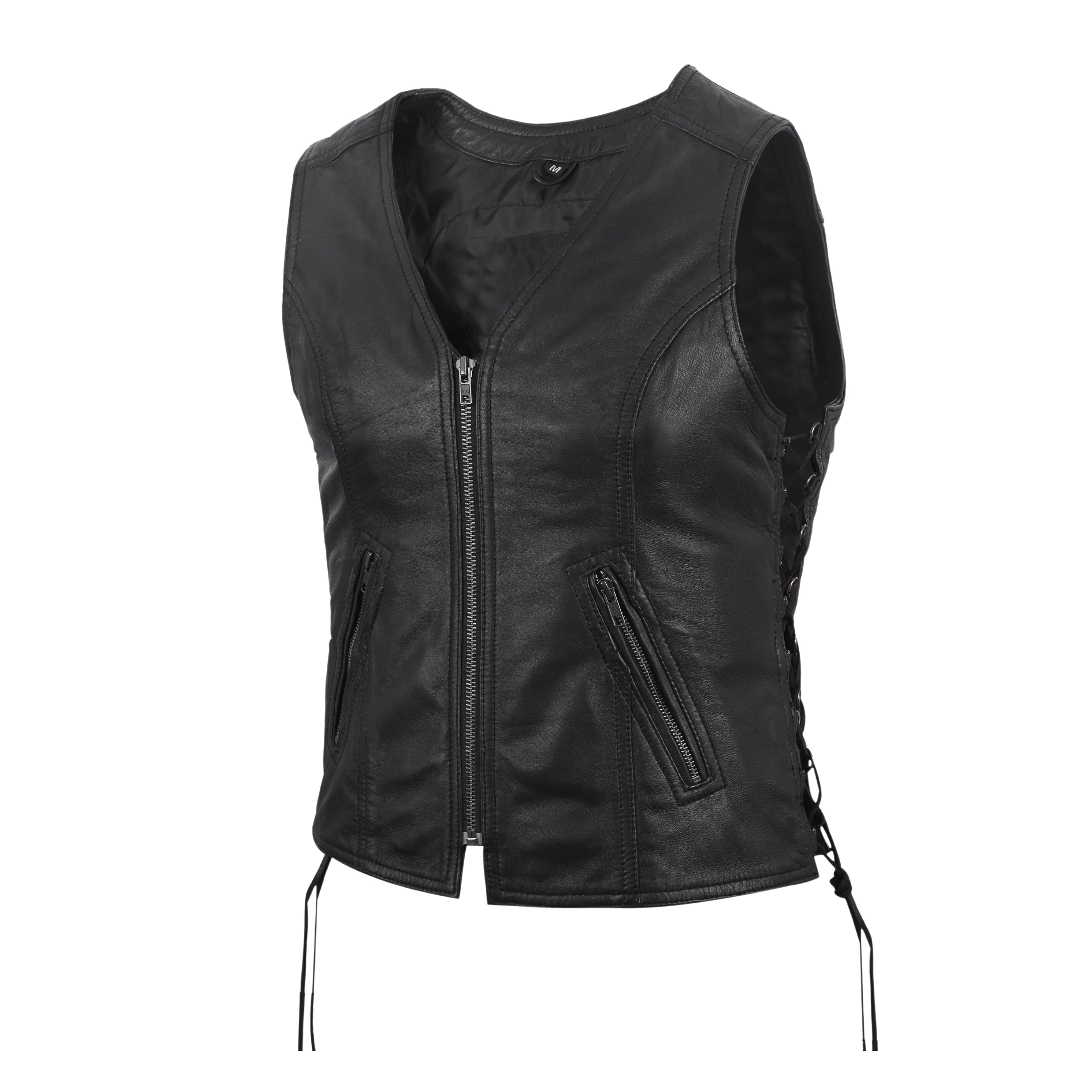 Women's Motorcycle Leather Vest – Black Lambskin with Front Zipper & Side Lace – by Rexons