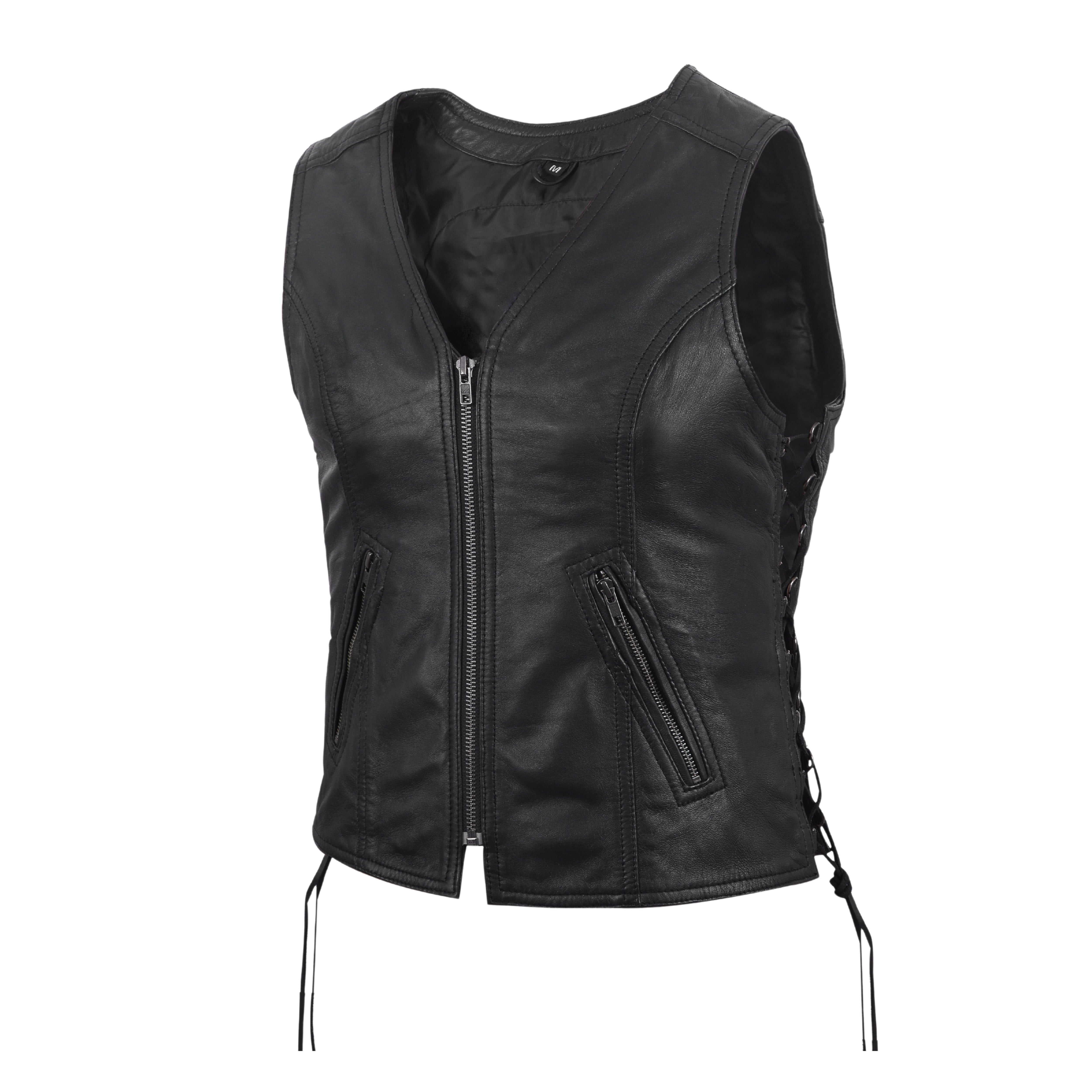 Women's Motorcycle Leather Vest – Black Lambskin with Front Zipper & Side Lace – by Rexons