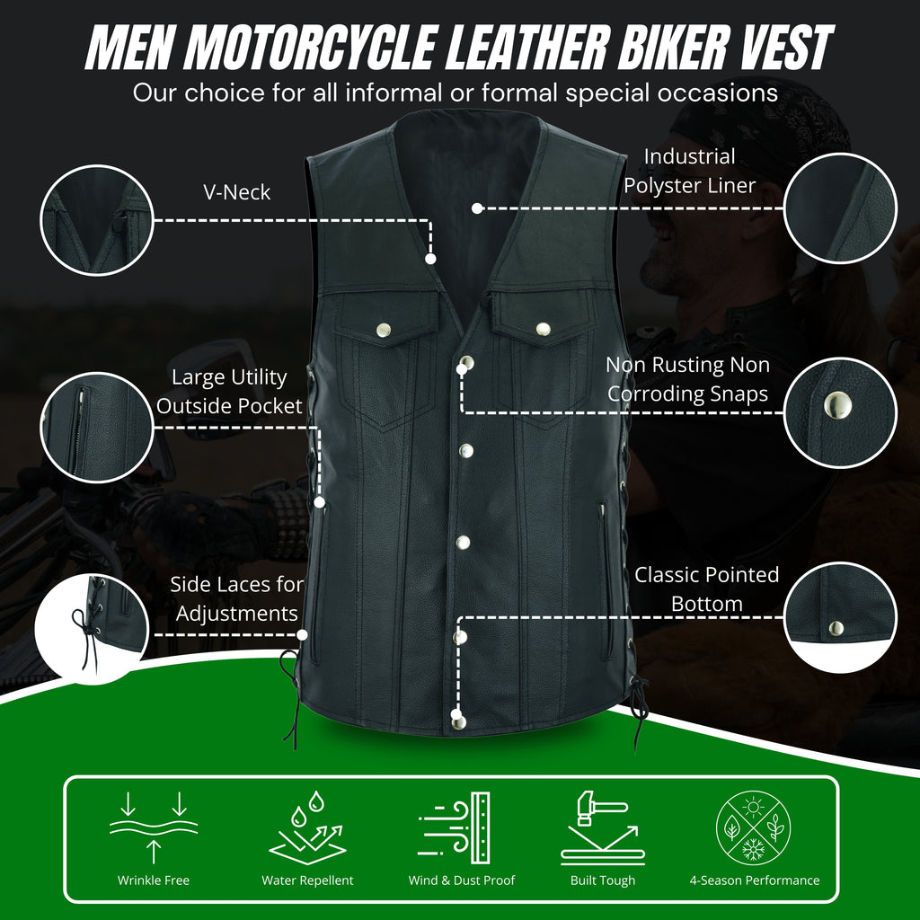 Men's Side Lace Biker Motorcycle Leather Vest – Concealed Carry Gun Pockets, Classic Rider Style by Rexons