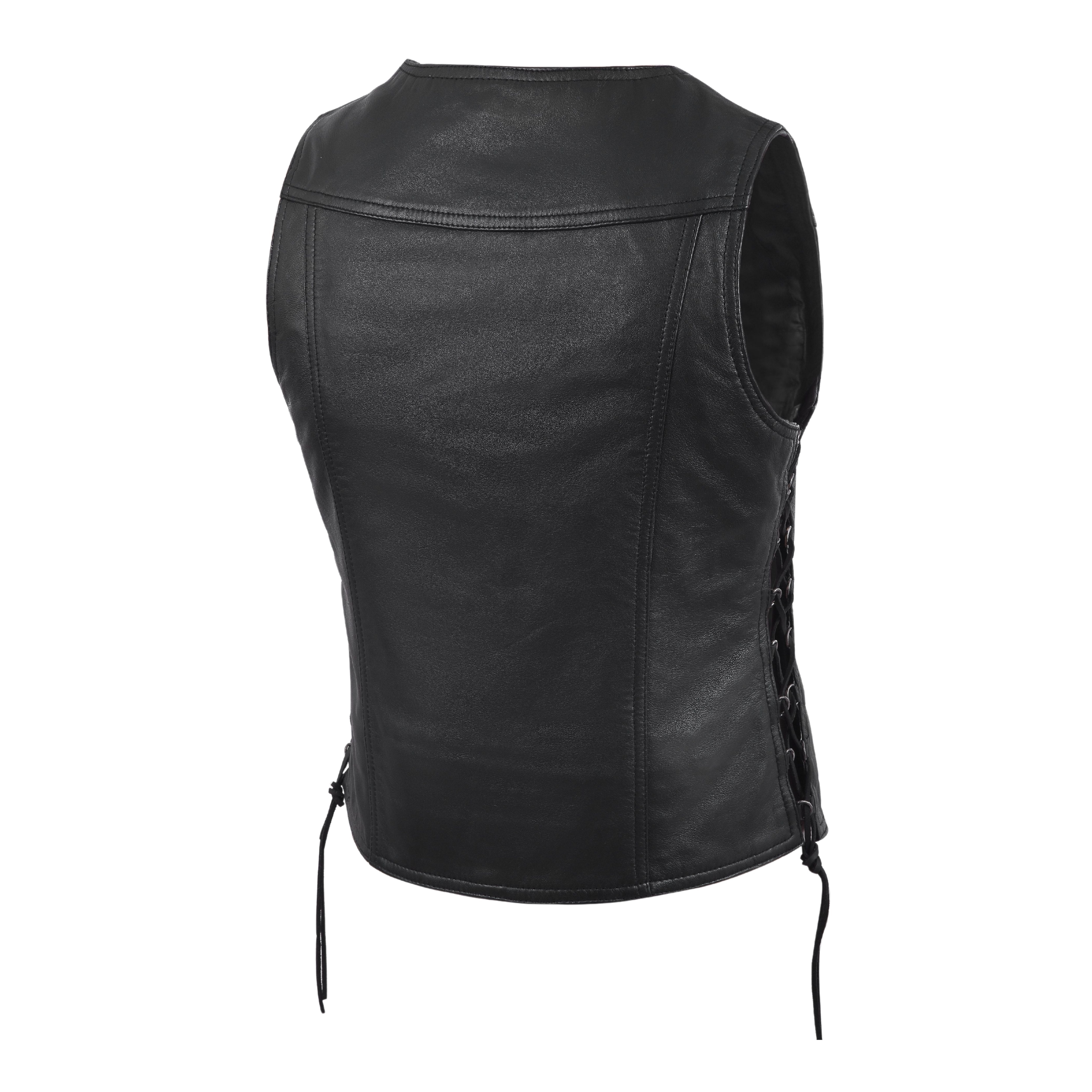 Women's Motorcycle Leather Vest – Black Lambskin with Front Zipper & Side Lace – by Rexons