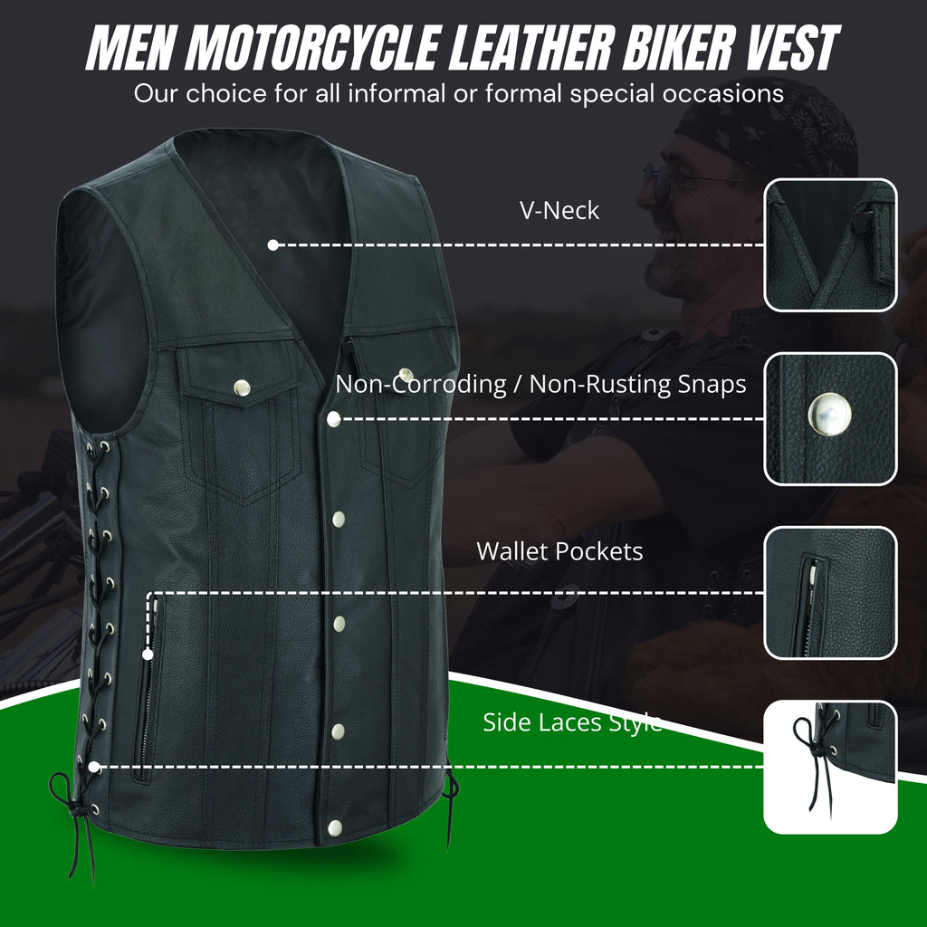 Men's Side Lace Biker Motorcycle Leather Vest – Concealed Carry Gun Pockets, Classic Rider Style by Rexons