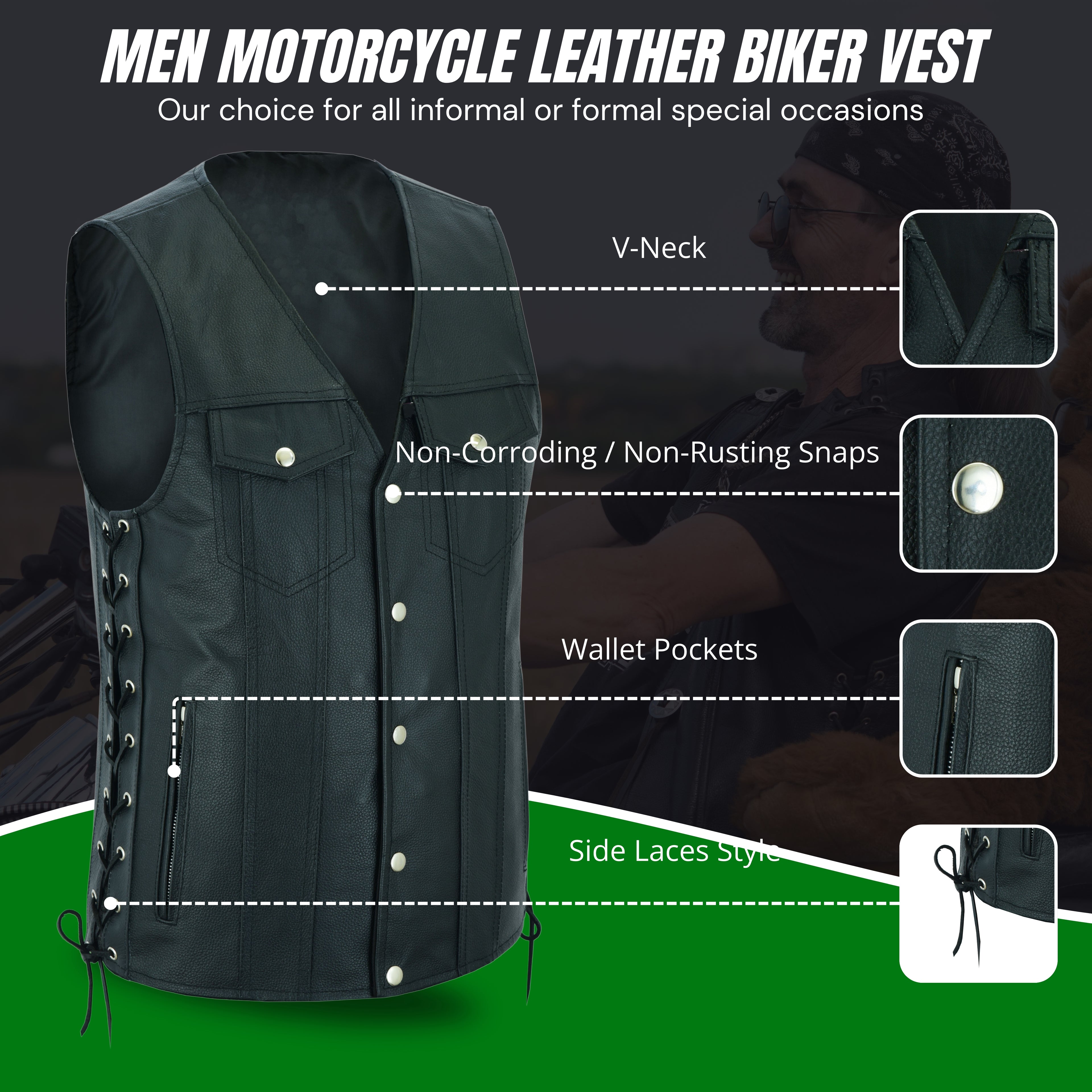 Men's Side Lace Biker Motorcycle Leather Vest – Concealed Carry Gun Pockets, Classic Rider Style by Rexons