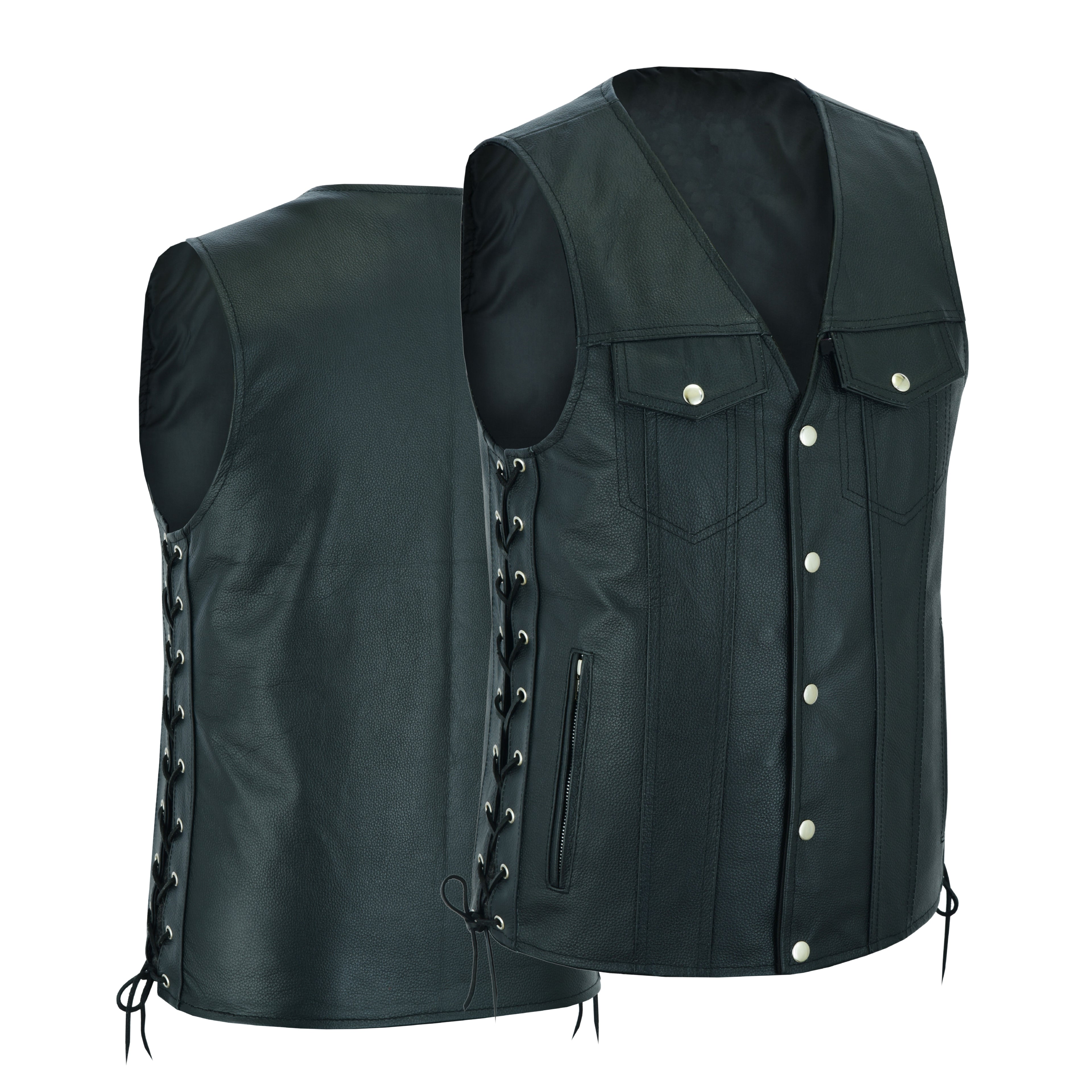 Men's Side Lace Biker Motorcycle Leather Vest – Concealed Carry Gun Pockets, Classic Rider Style by Rexons