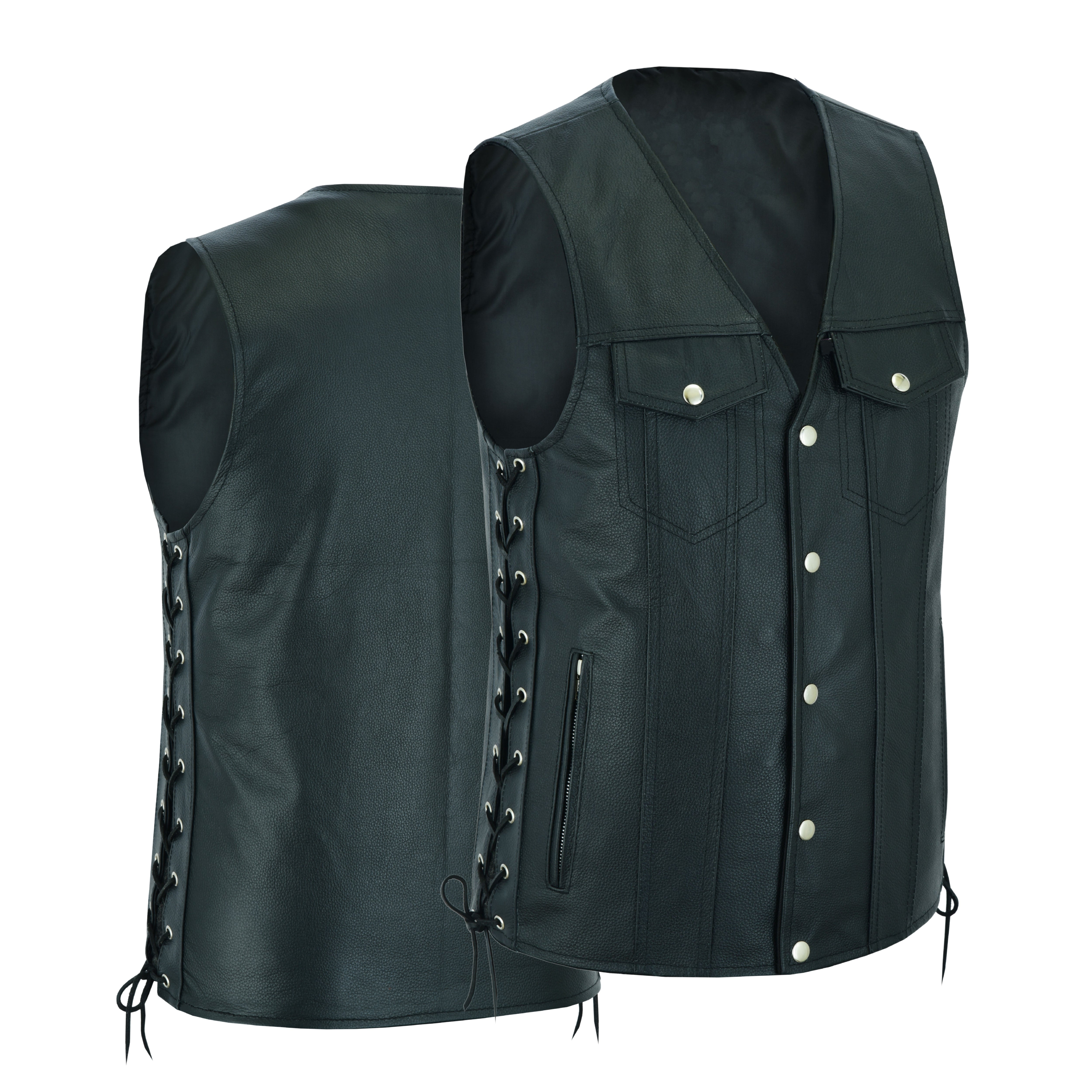 Men's Side Lace Biker Motorcycle Leather Vest – Concealed Carry Gun Pockets, Classic Rider Style by Rexons