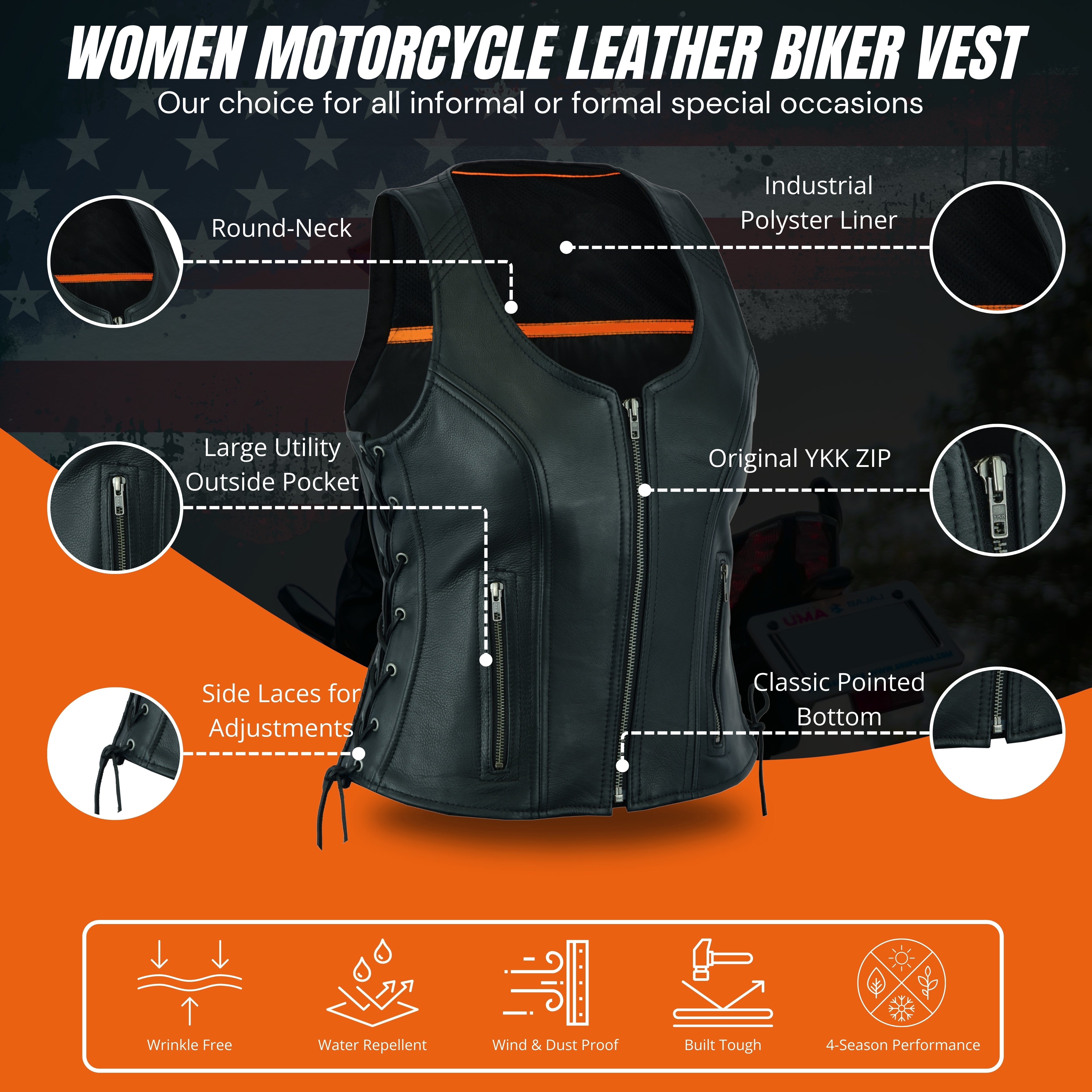 Women’s Black ‘Open Neck’ Motorcycle Leather Vest with Side Laces – Premium Biker Gear by Rexons