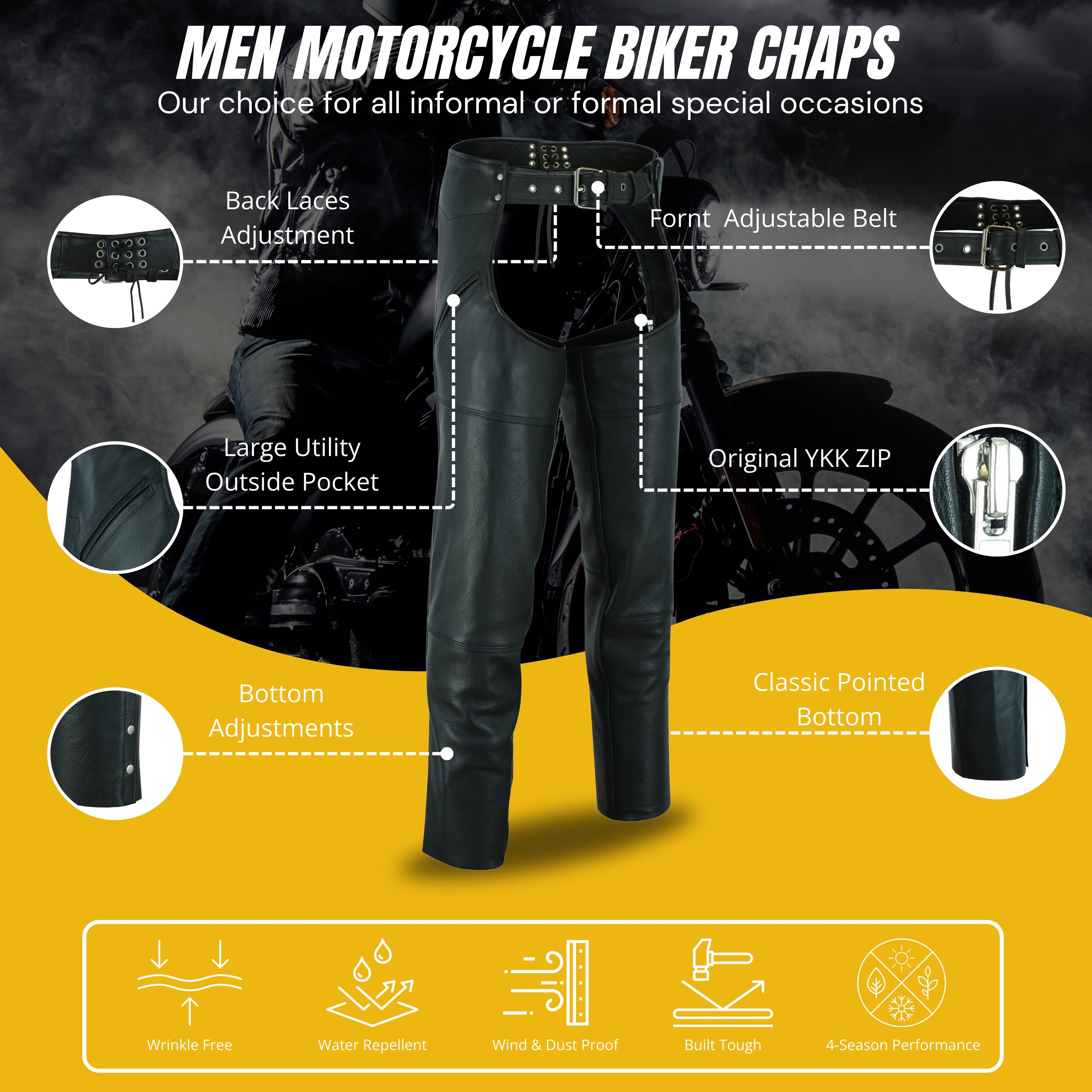 Leather Guard Unisex Motorcycle Chaps – Black Premium Leather Riding Gear for Men & Women