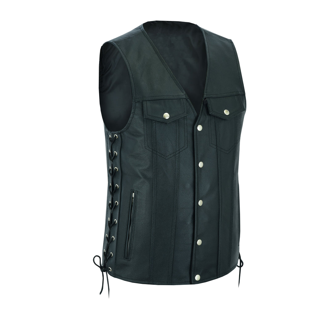 Men's Side Lace Biker Motorcycle Leather Vest – Concealed Carry Gun Pockets, Classic Rider Style by Rexons