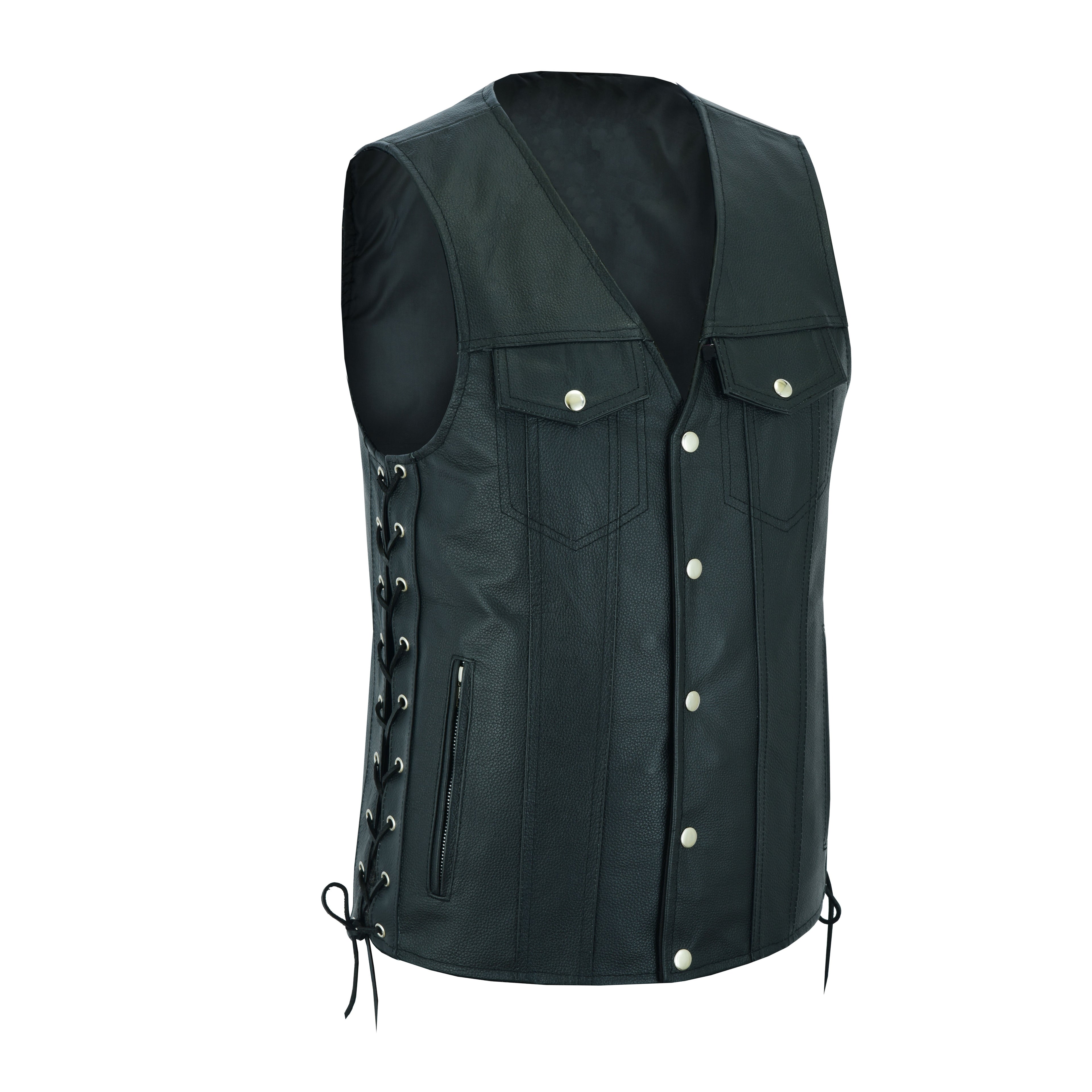 Men's Side Lace Biker Motorcycle Leather Vest – Concealed Carry Gun Pockets, Classic Rider Style by Rexons