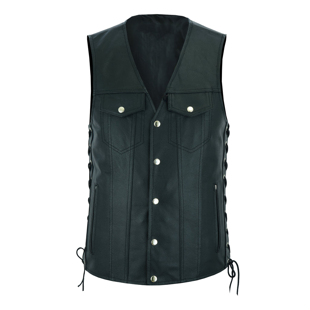 Men's Side Lace Biker Motorcycle Leather Vest – Concealed Carry Gun Pockets, Classic Rider Style by Rexons