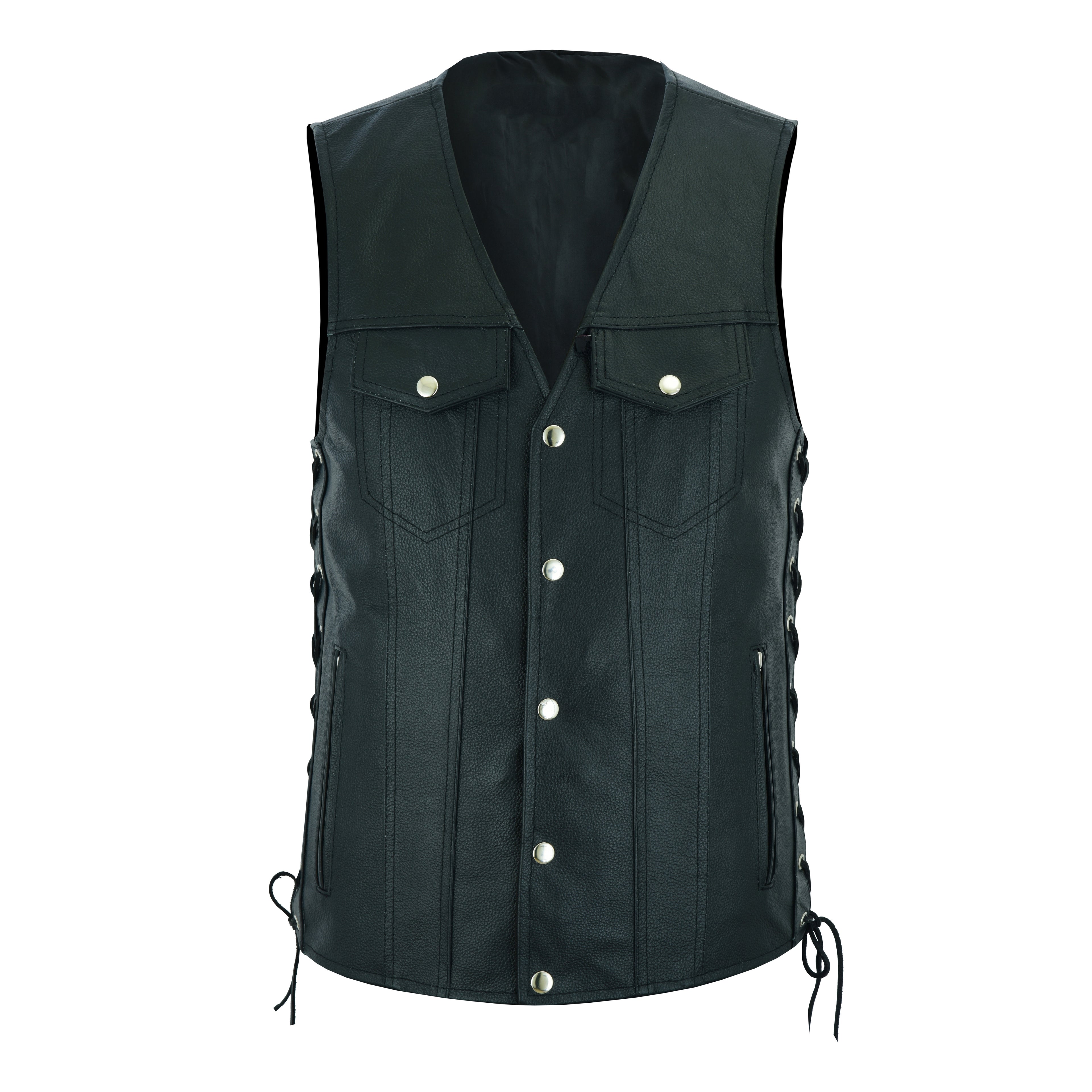 Men's Side Lace Biker Motorcycle Leather Vest – Concealed Carry Gun Pockets, Classic Rider Style by Rexons