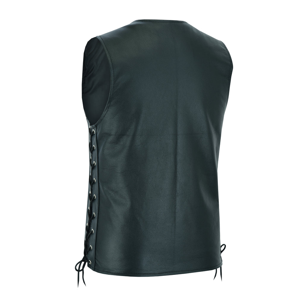 Men's Side Lace Biker Motorcycle Leather Vest – Concealed Carry Gun Pockets, Classic Rider Style by Rexons