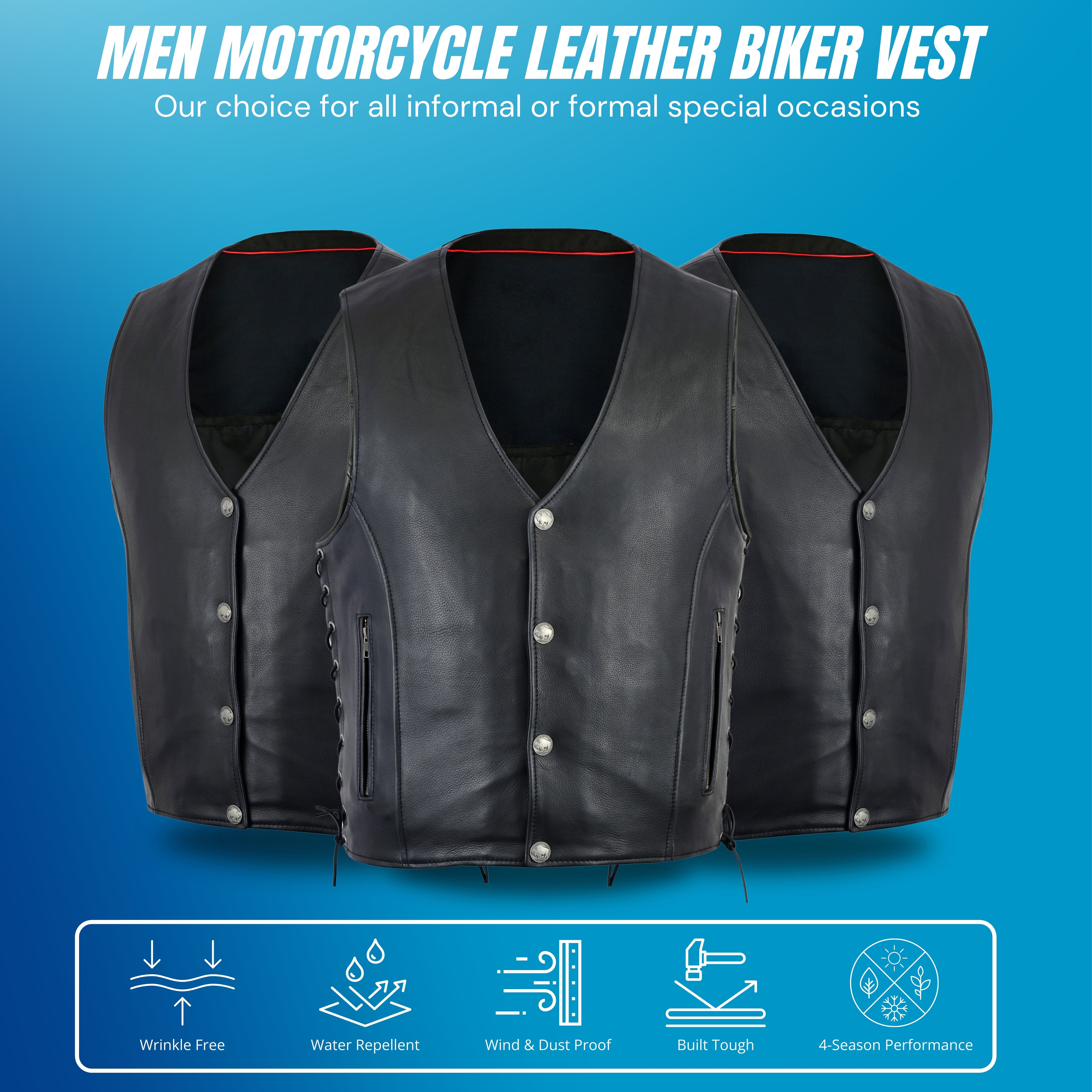 Men's Straight Bottom Motorcycle Leather Vest – Concealed Gun Pockets, Classic Cut Biker Vest by Rexons