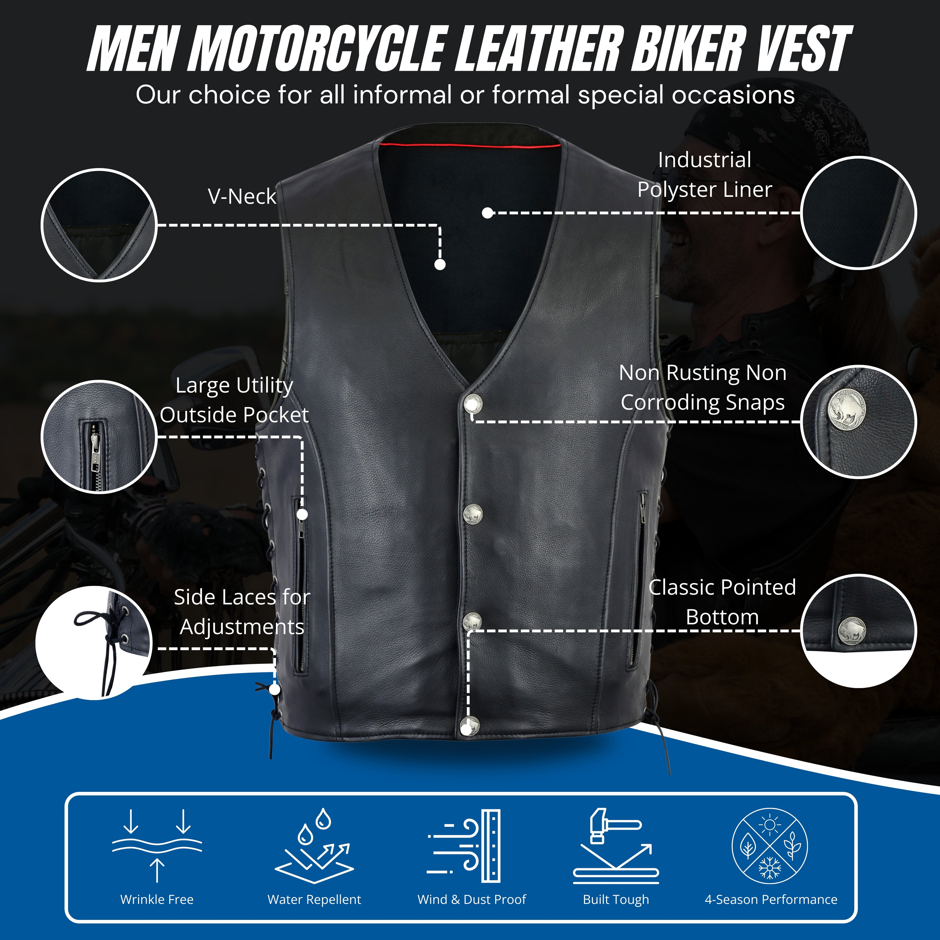 Men's Straight Bottom Motorcycle Leather Vest – Concealed Gun Pockets, Classic Cut Biker Vest by Rexons