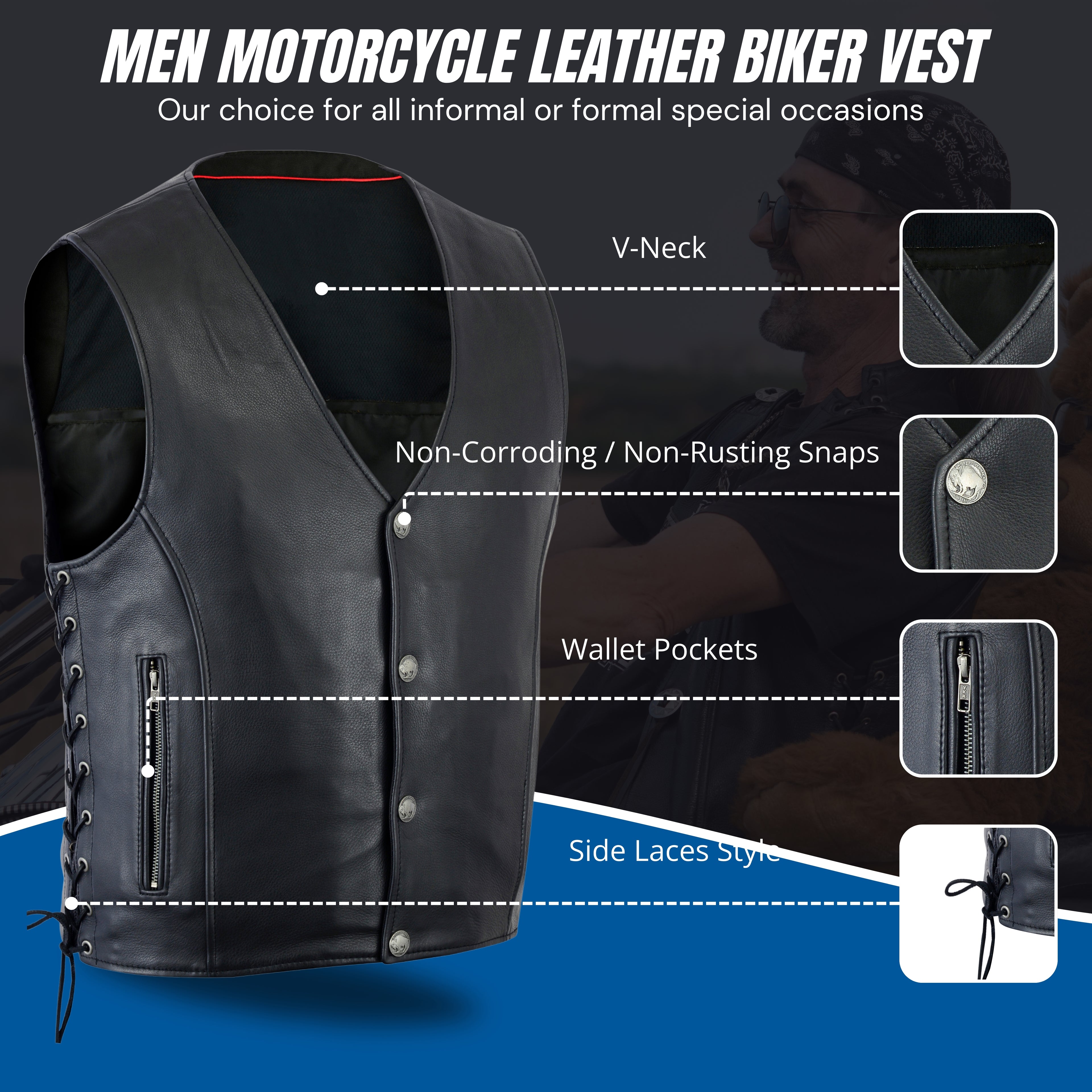 Men's Straight Bottom Motorcycle Leather Vest – Concealed Gun Pockets, Classic Cut Biker Vest by Rexons