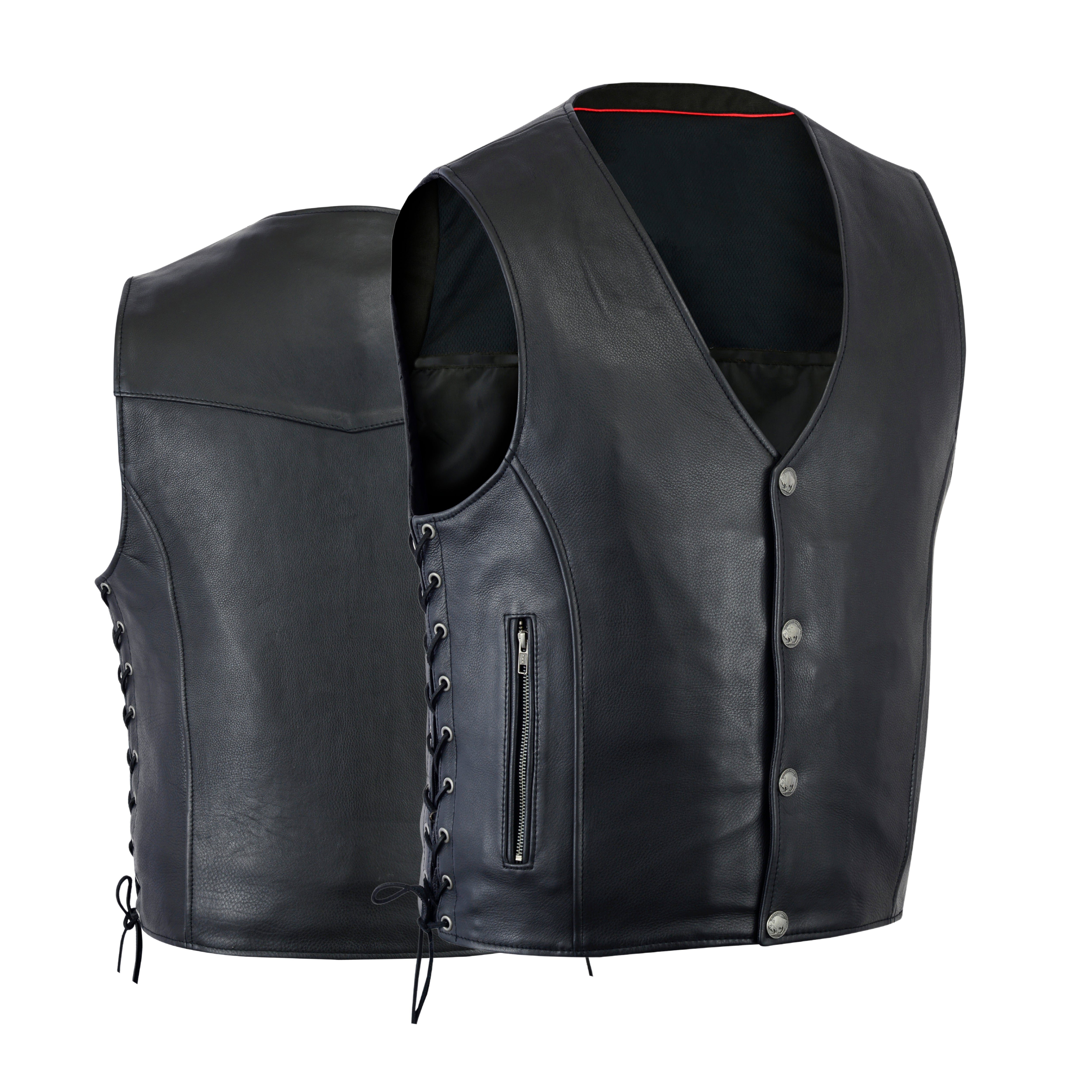 Men's Straight Bottom Motorcycle Leather Vest – Concealed Gun Pockets, Classic Cut Biker Vest by Rexons