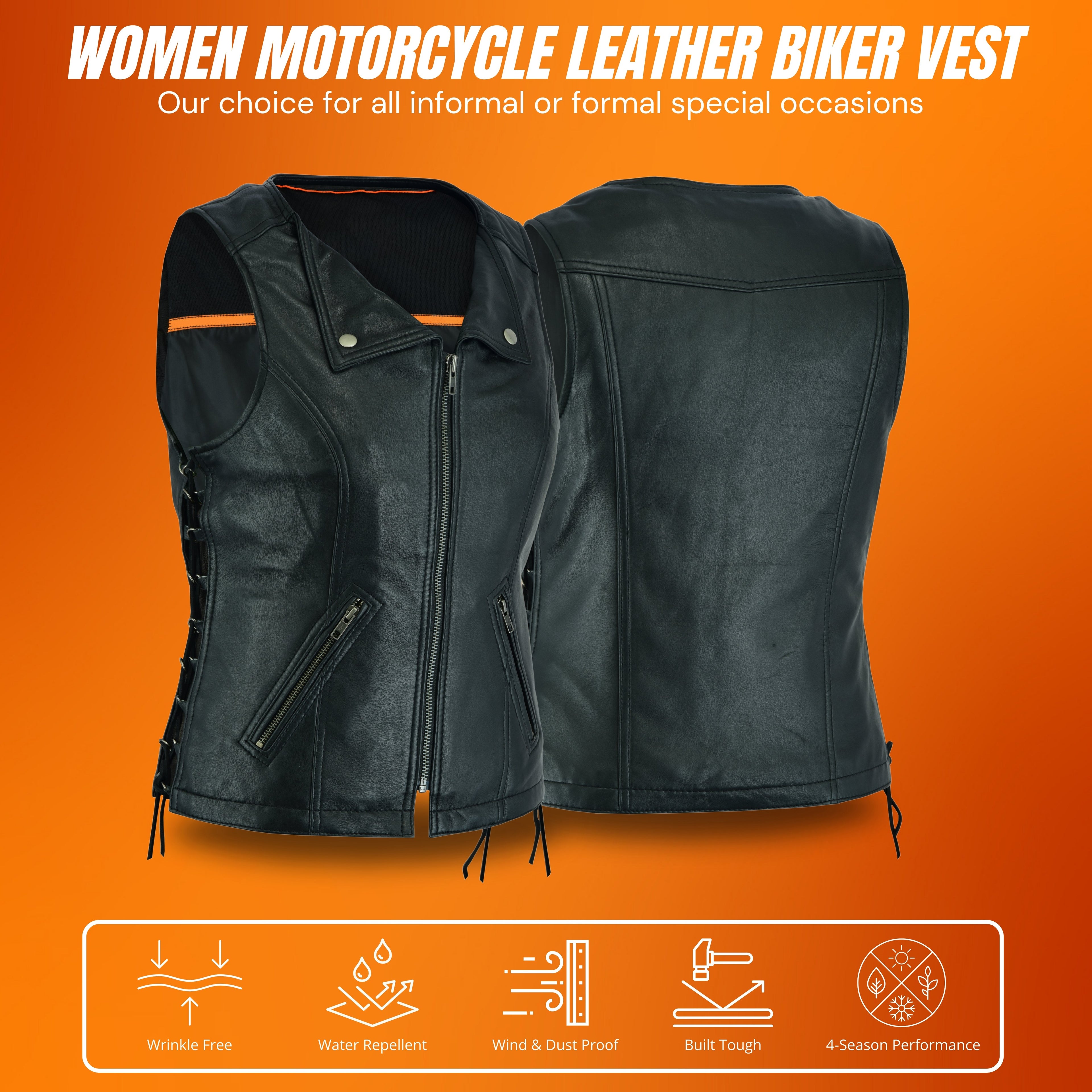 Women’s Black Side Stretch Vest – Premium Lamb Leather by Rexons
