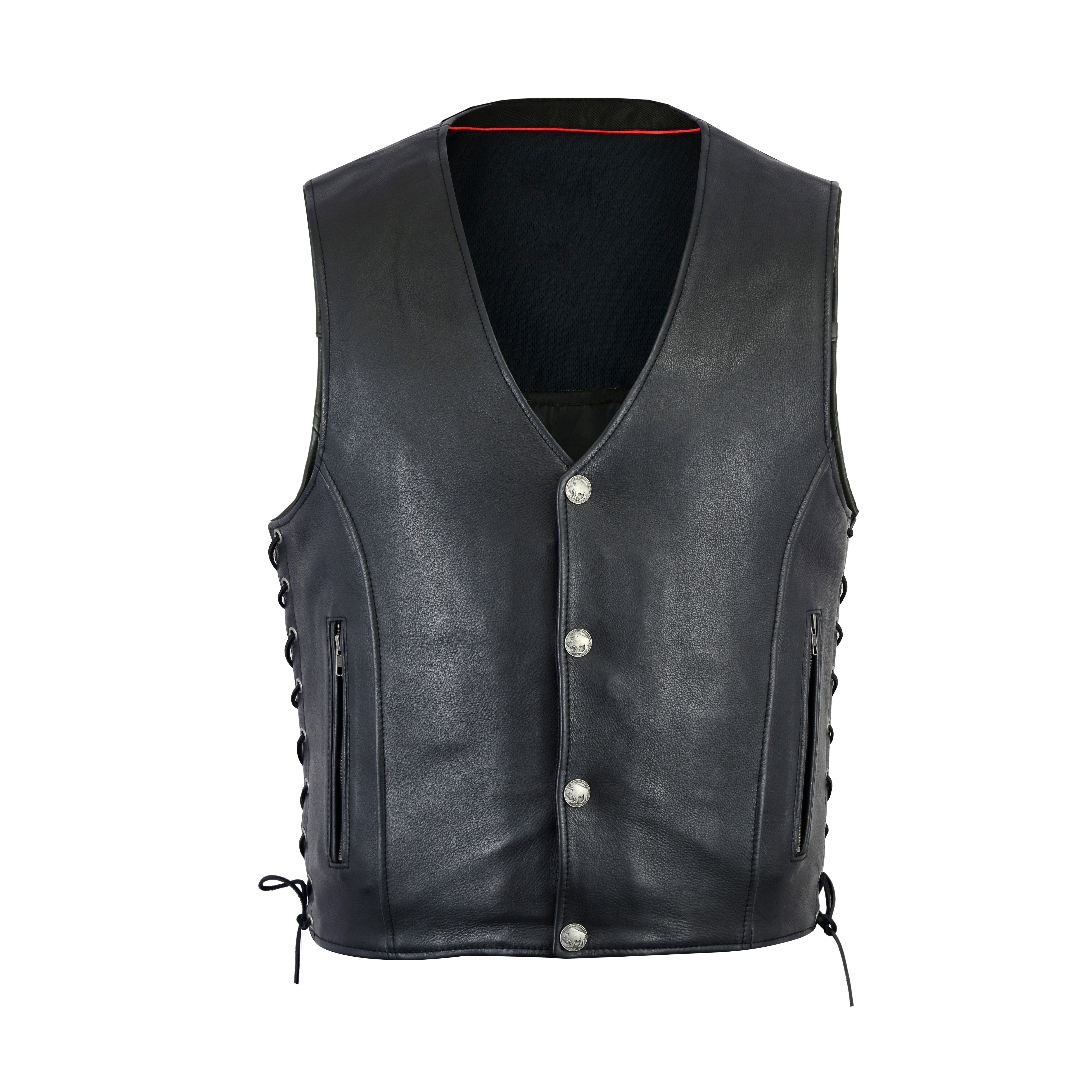 Men's Straight Bottom Motorcycle Leather Vest – Concealed Gun Pockets, Classic Cut Biker Vest by Rexons