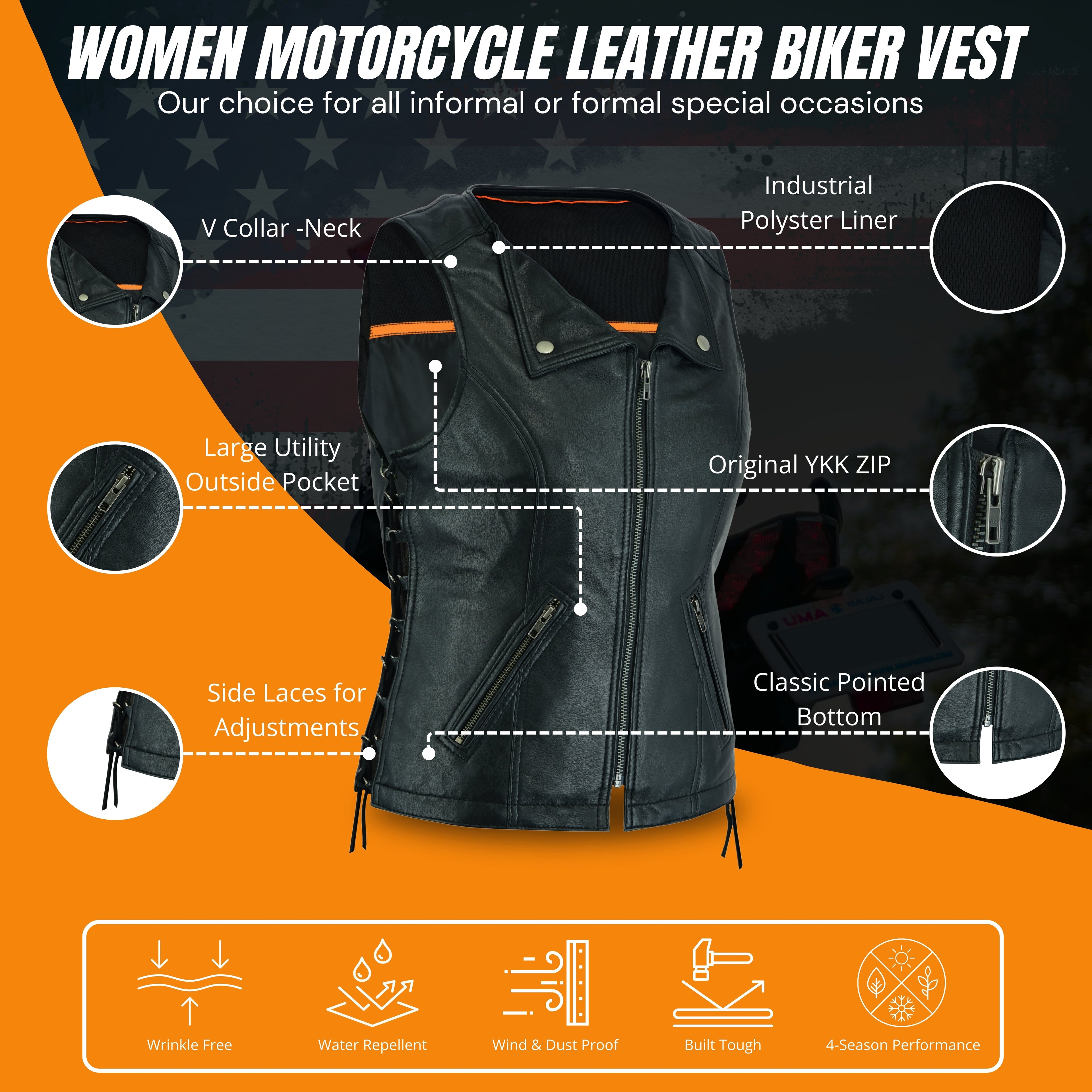 Women’s Black Side Stretch Vest – Premium Lamb Leather by Rexons