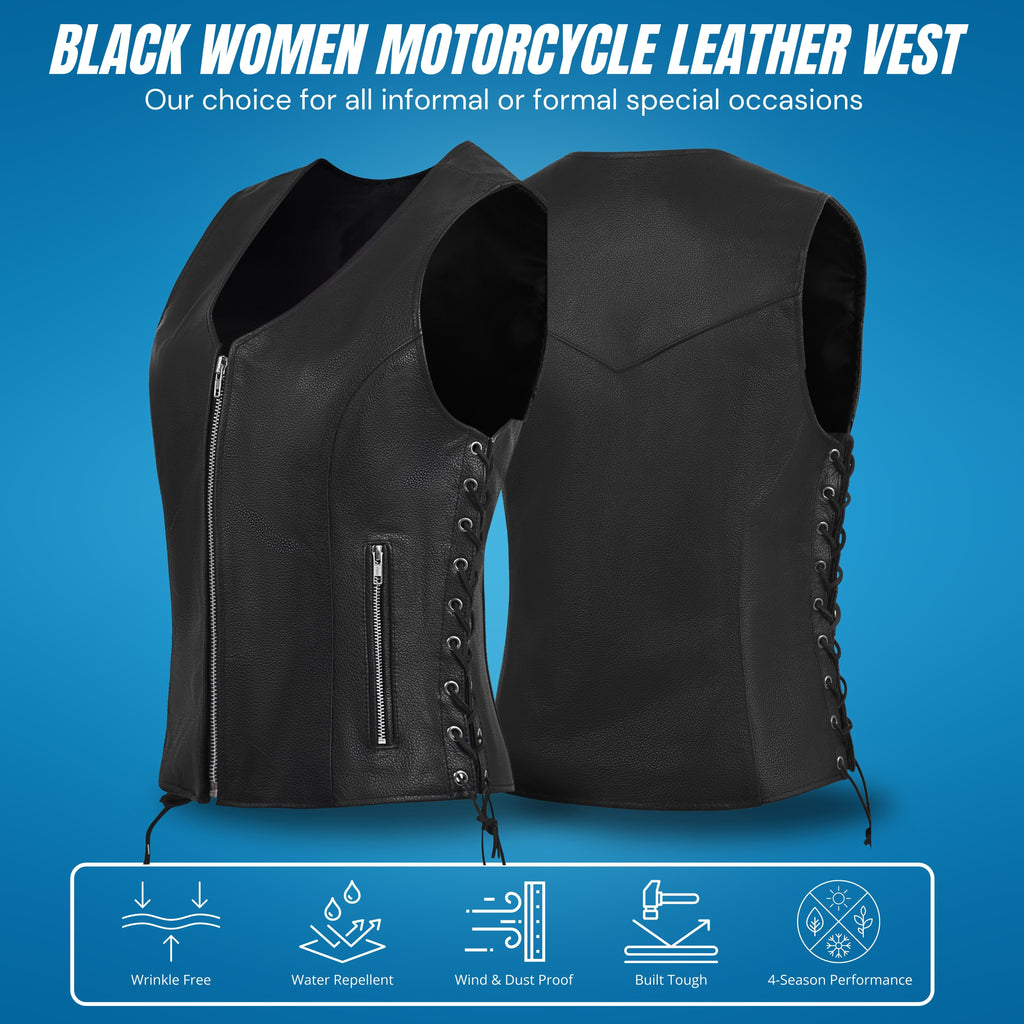 Women's Black Leather Motorcycle Vest with Front Zipper & Side Lace – by Rexons