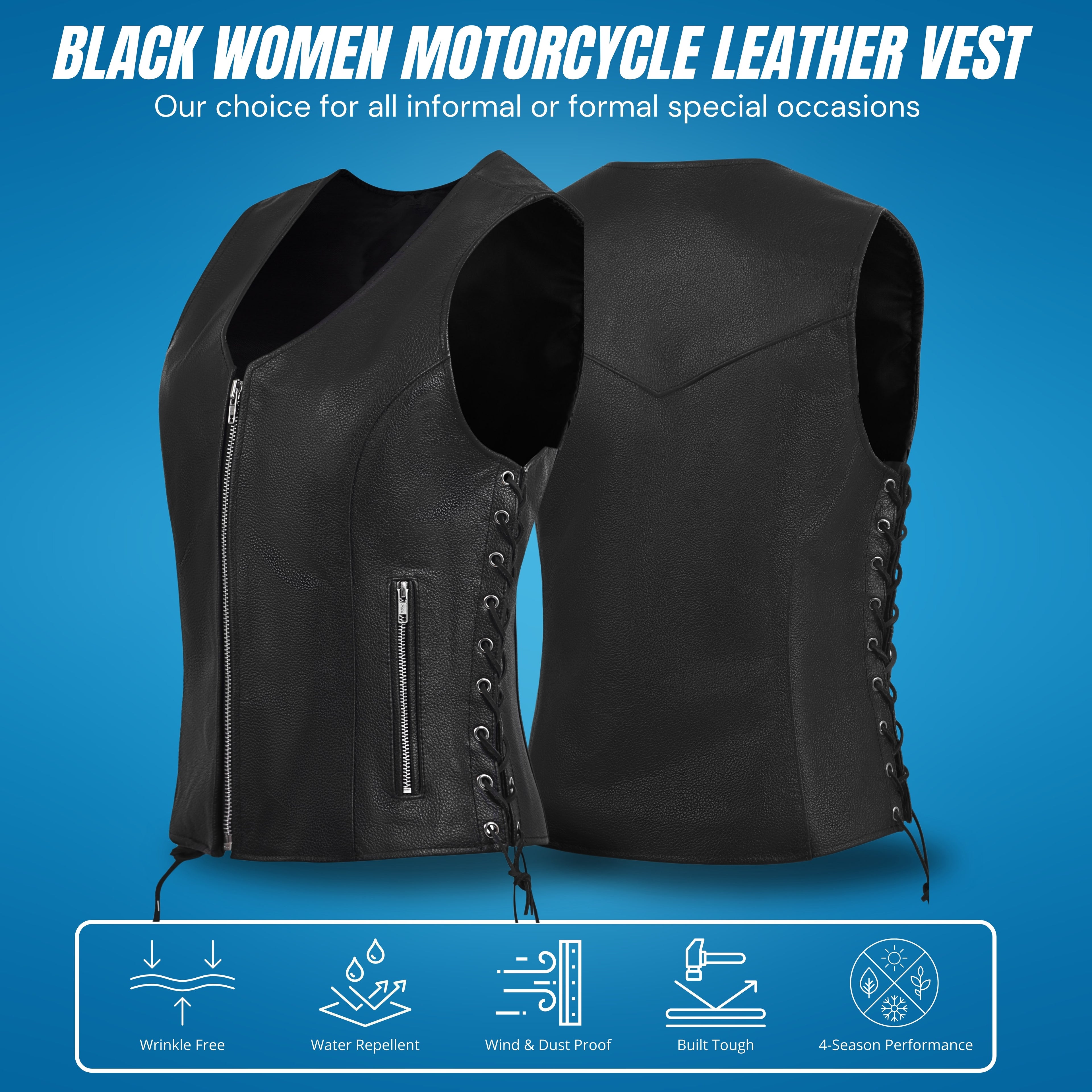 Women's Black Leather Motorcycle Vest with Front Zipper & Side Lace – by Rexons