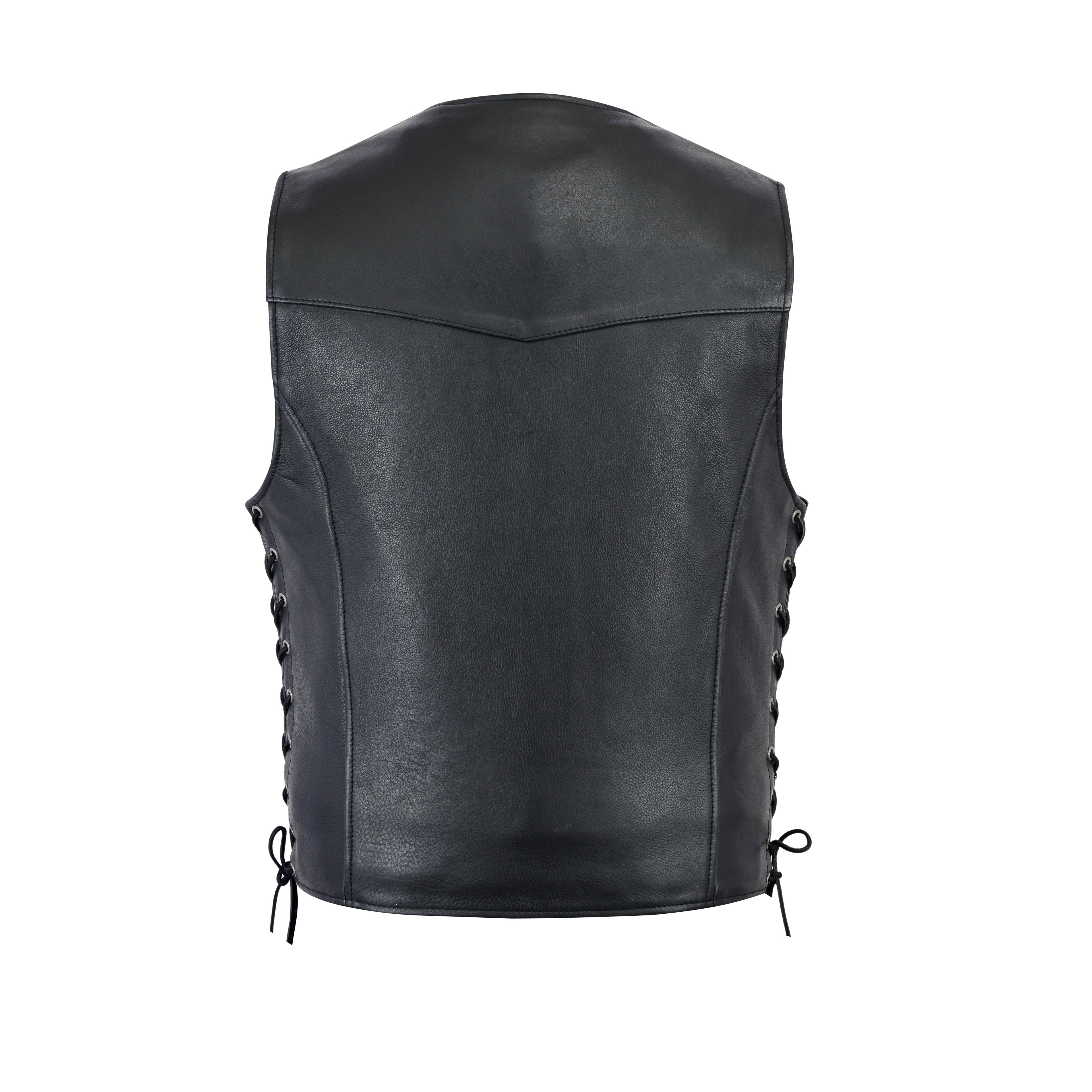 Men's Straight Bottom Motorcycle Leather Vest – Concealed Gun Pockets, Classic Cut Biker Vest by Rexons