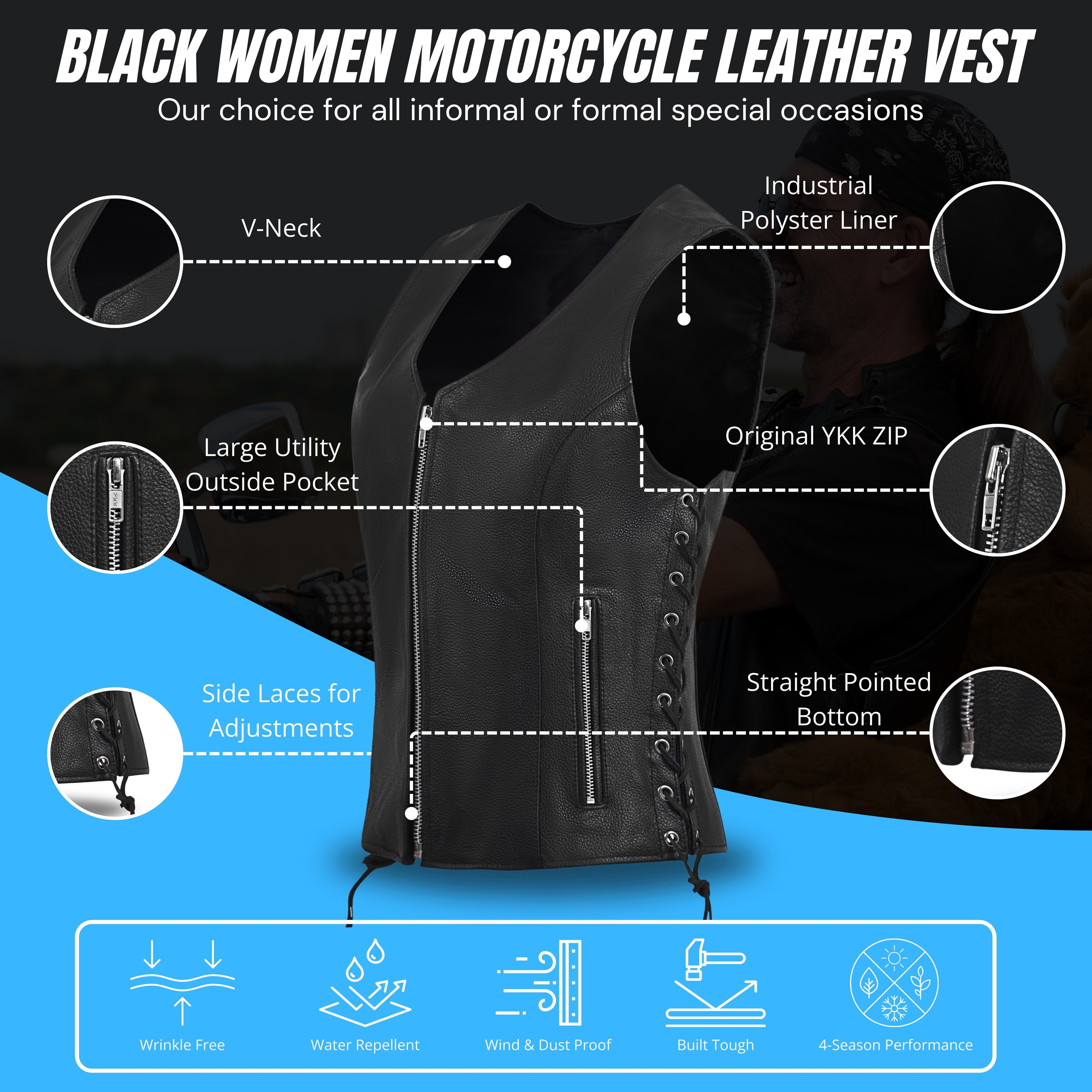 Women's Black Leather Motorcycle Vest with Front Zipper & Side Lace – by Rexons