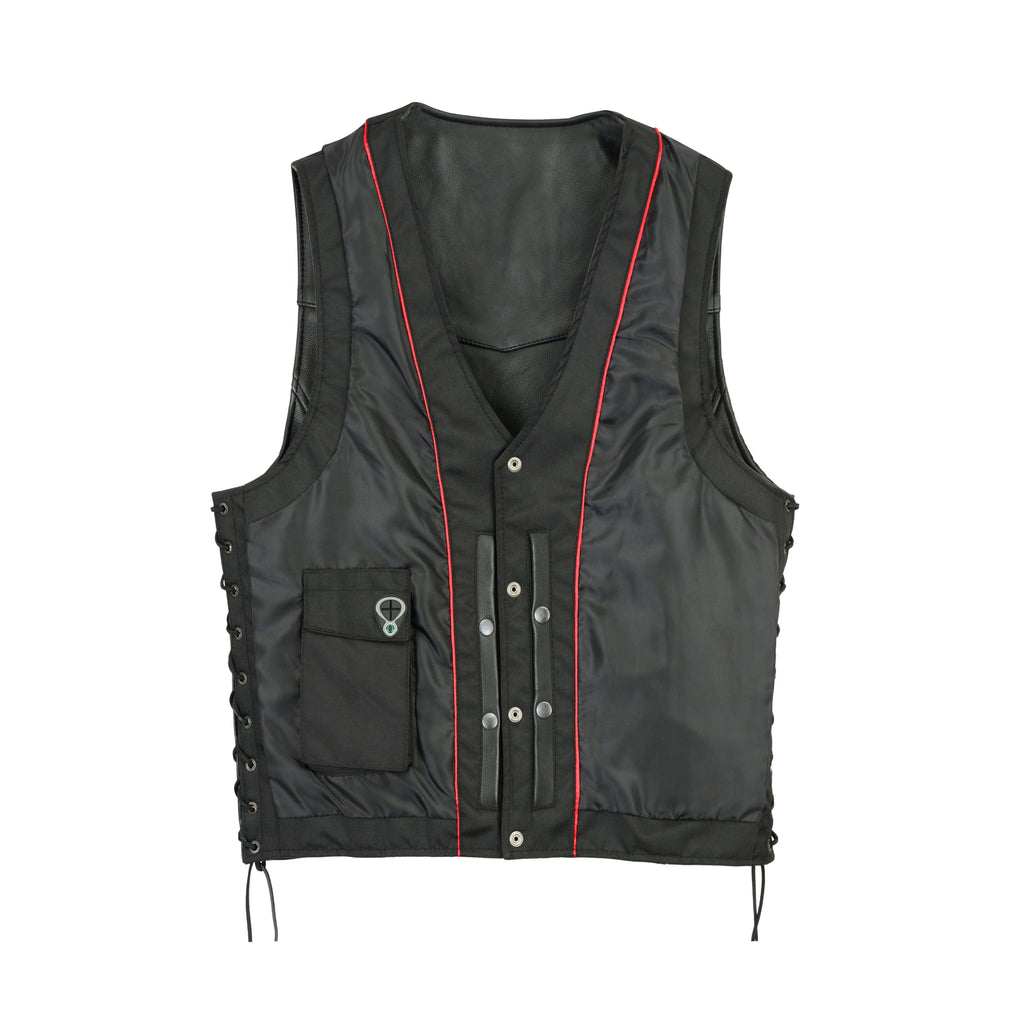 Men's Straight Bottom Motorcycle Leather Vest – Concealed Gun Pockets, Classic Cut Biker Vest by Rexons
