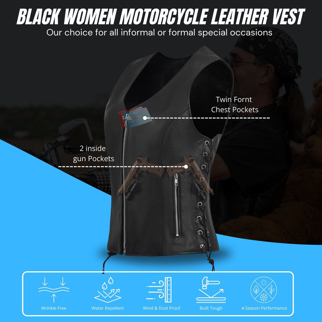 Women's Black Leather Motorcycle Vest with Front Zipper & Side Lace – by Rexons