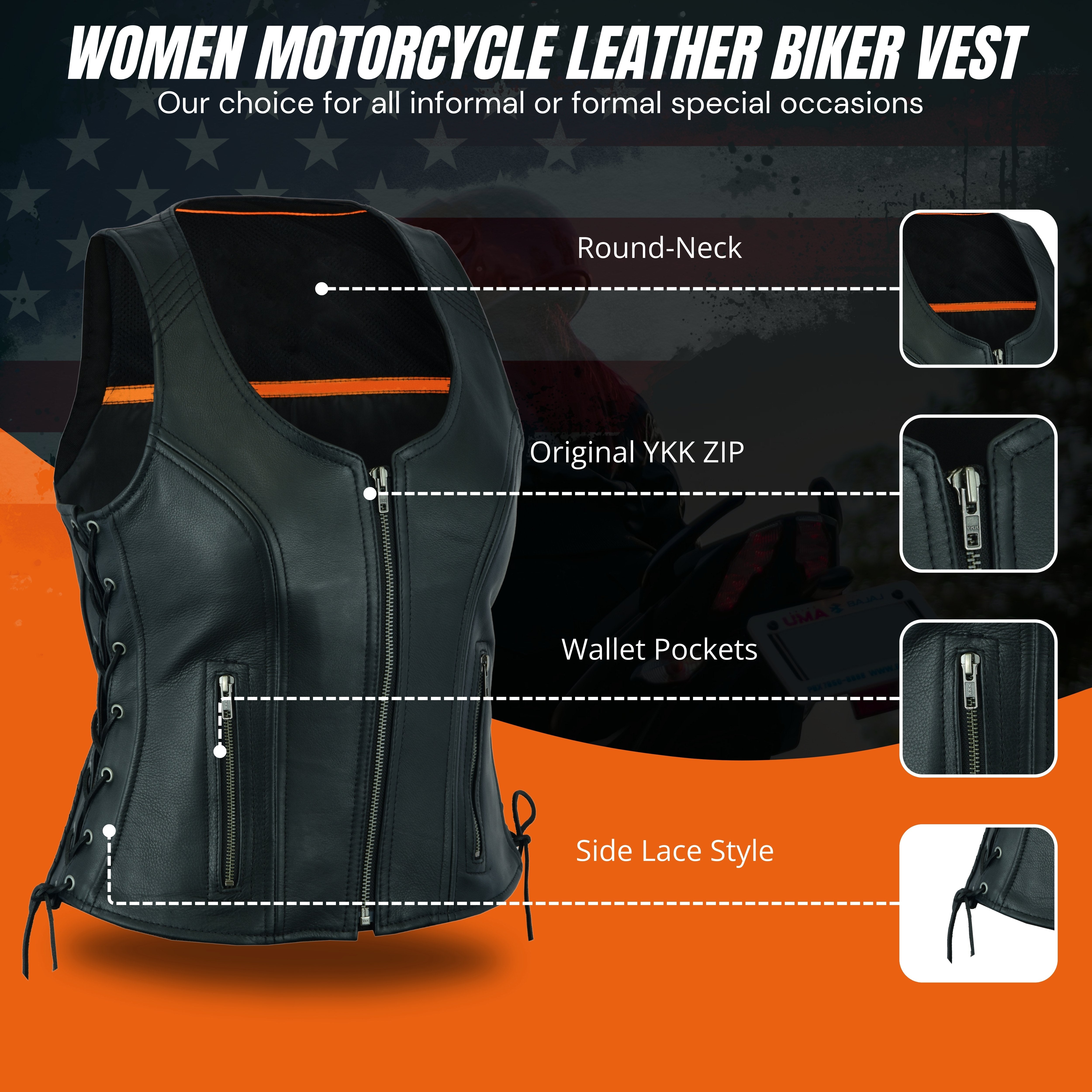 Women’s Black ‘Open Neck’ Motorcycle Leather Vest with Side Laces – Premium Biker Gear by Rexons
