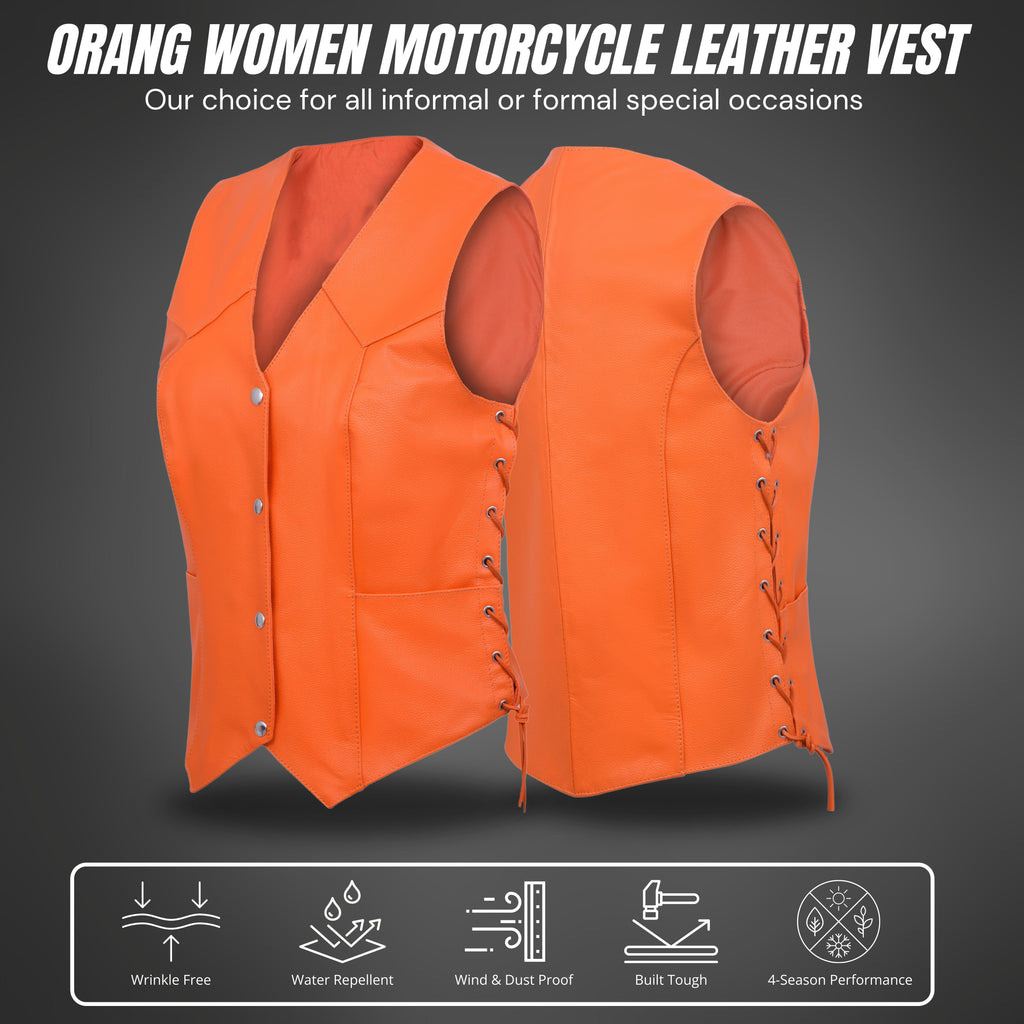 Damen Biker Motorradweste aus Orange Echtleder mit verdecktem Tragen – Club Style von Rexons