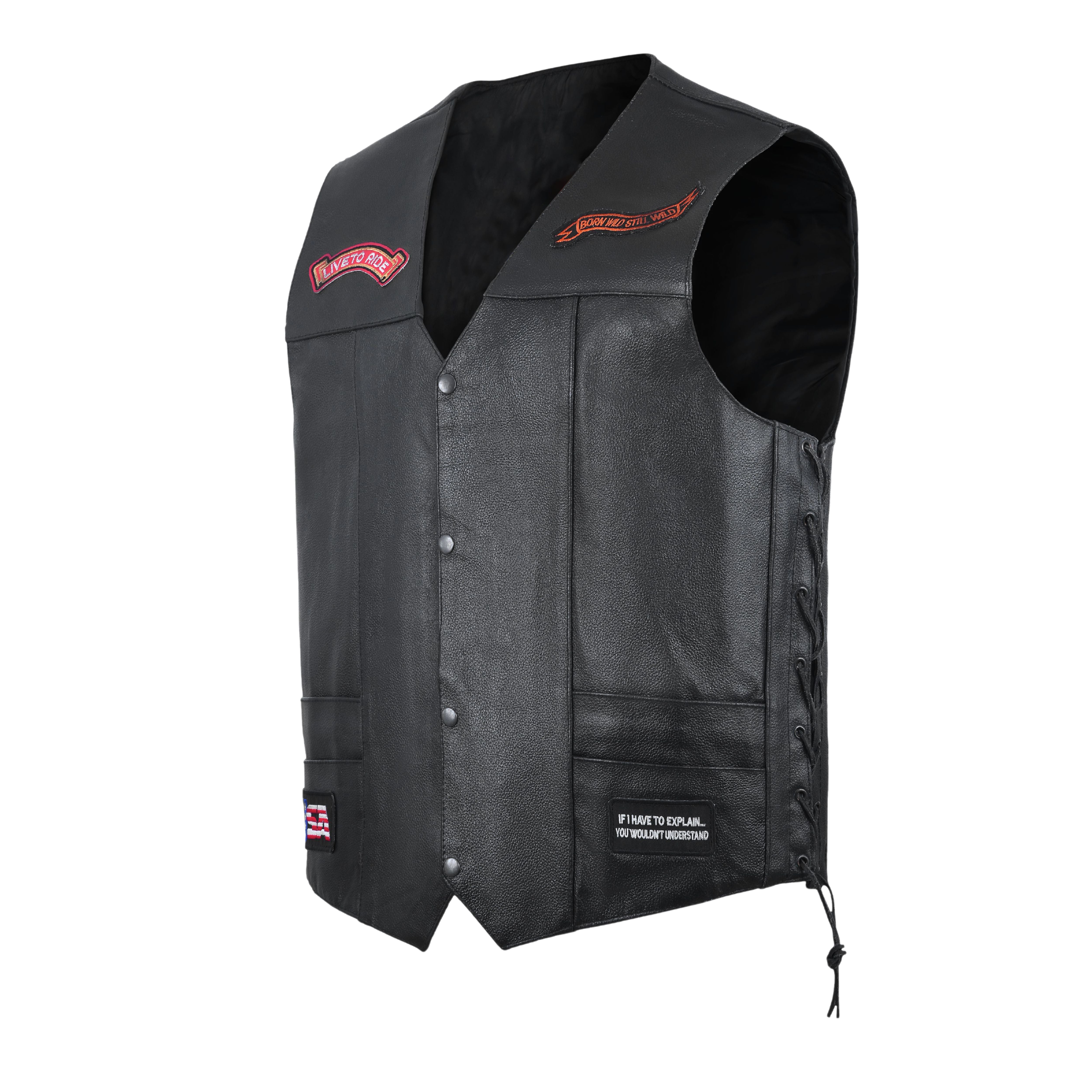 Gilet Moto Uomo in Pelle di Bufalo Nera – Finitura a Piastra Diamantata con Toppe Grandi per Club e Biker