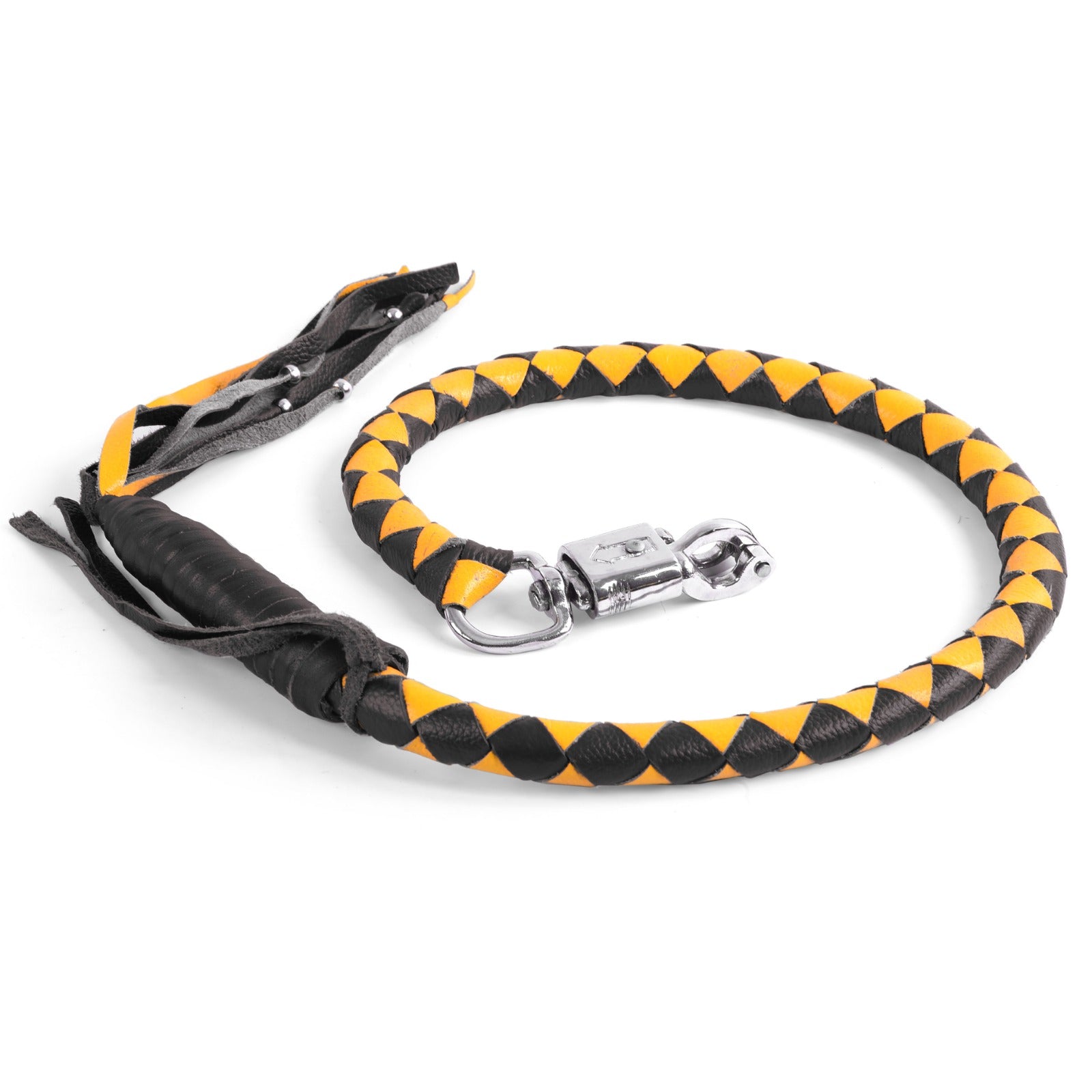 Motorcycle Get Back Whip – Black/Gold Leather Biker Whip with Quick Release by Rexons