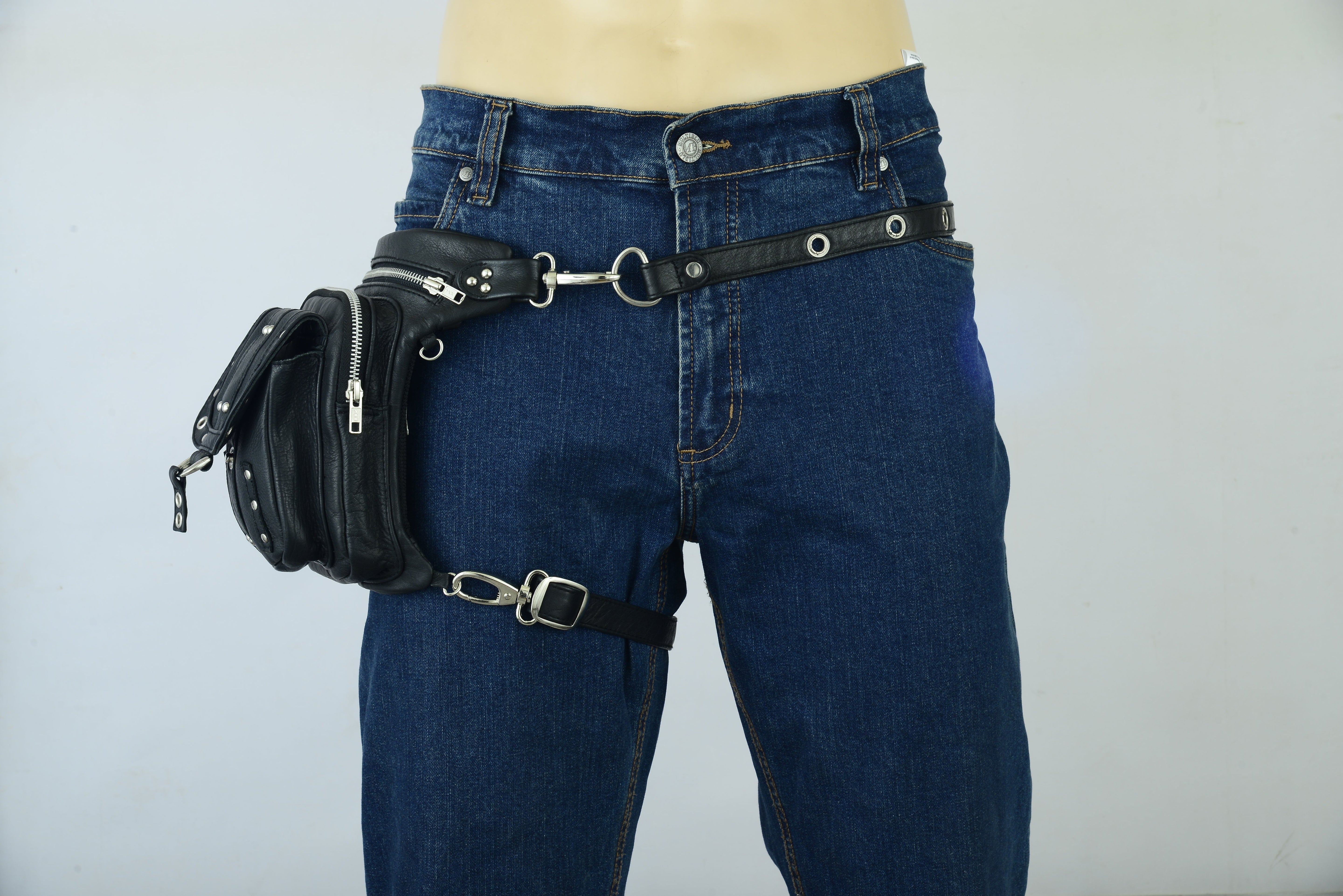 Black Drop Leg Fanny Waist Leather Thigh Bag