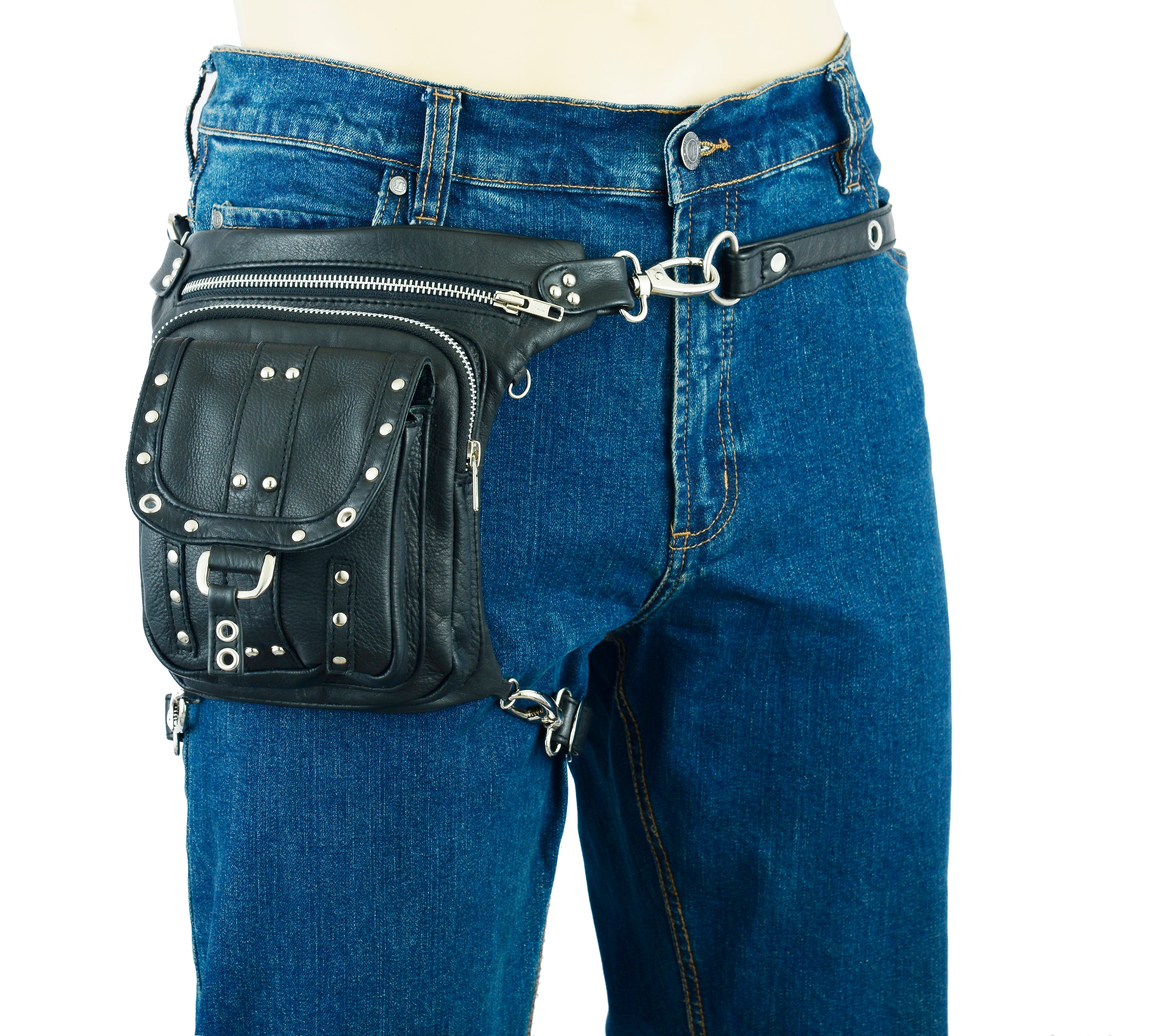Black Drop Leg Fanny Waist Leather Thigh Bag