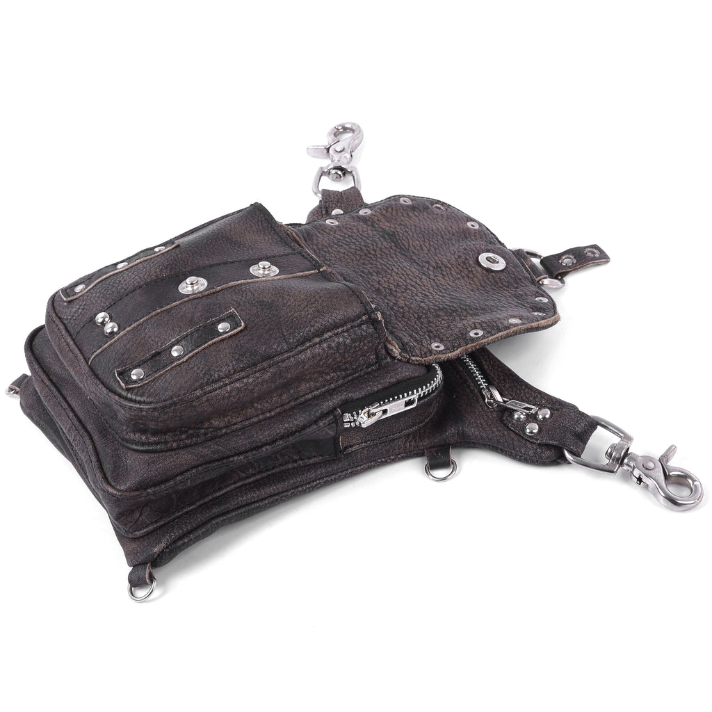 Distressed Brown Drop Leg Fanny Waist Leather Bag