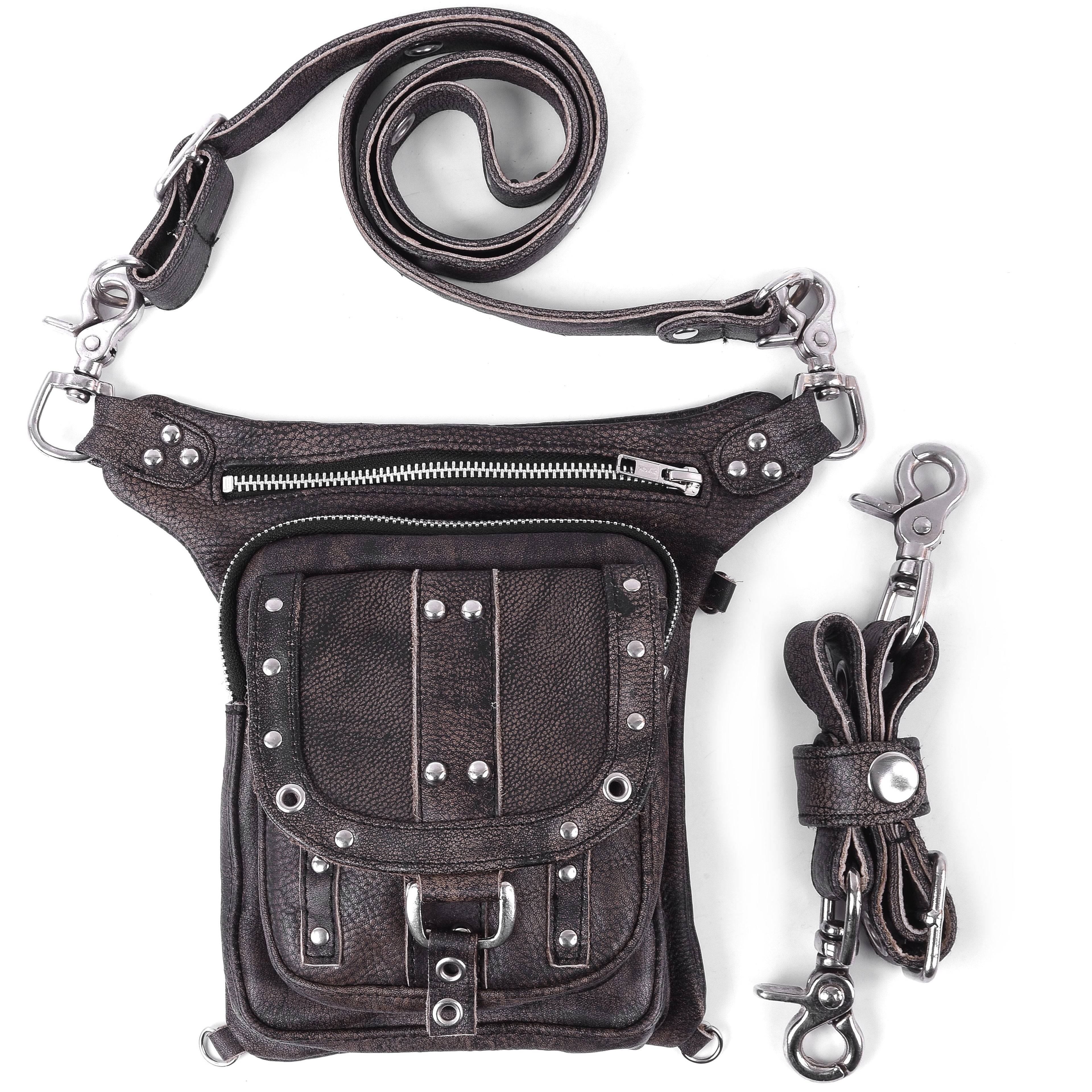 Distressed Brown Drop Leg Fanny Waist Leather Bag