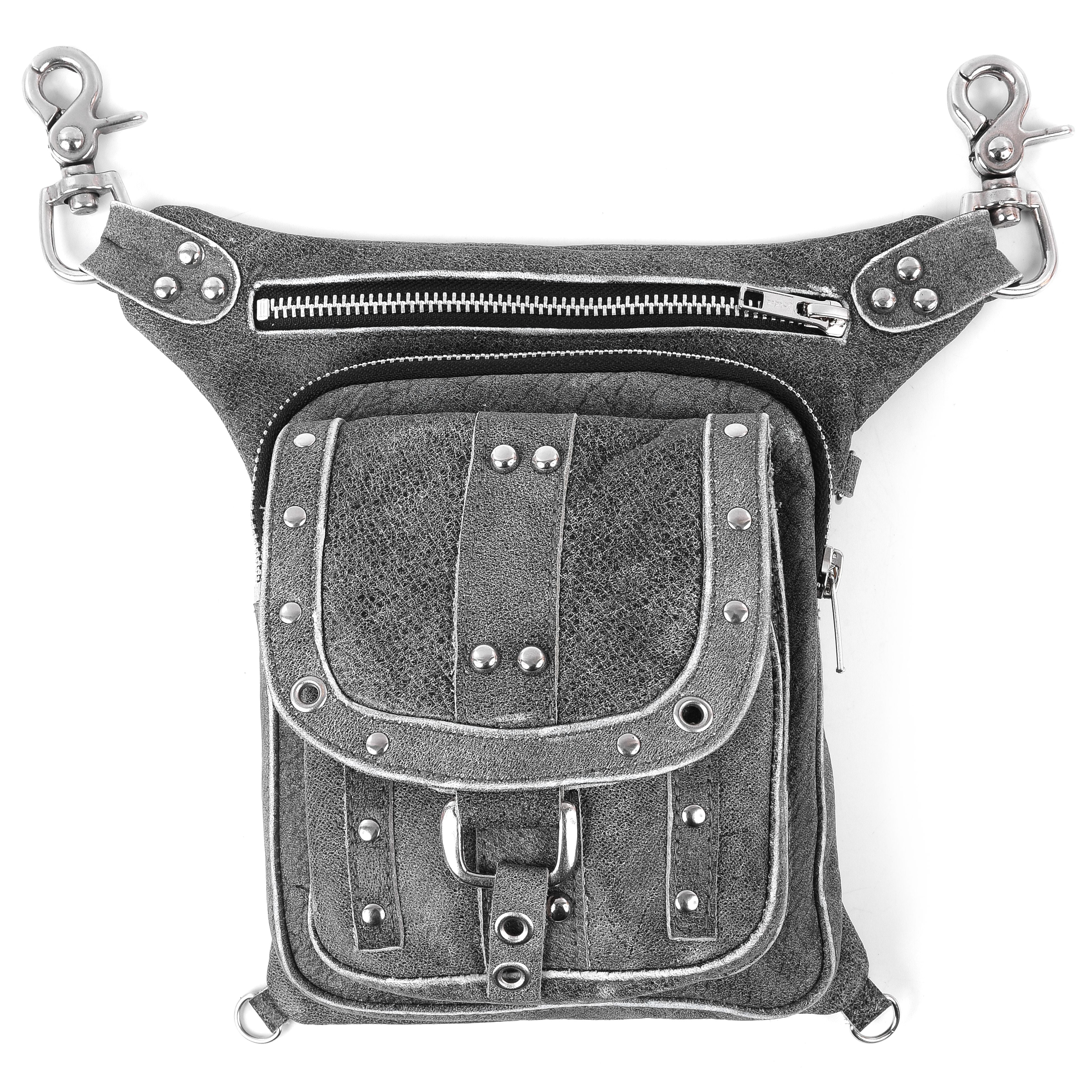 Grey Drop Leg Waist Fanny Leather Thigh Bag