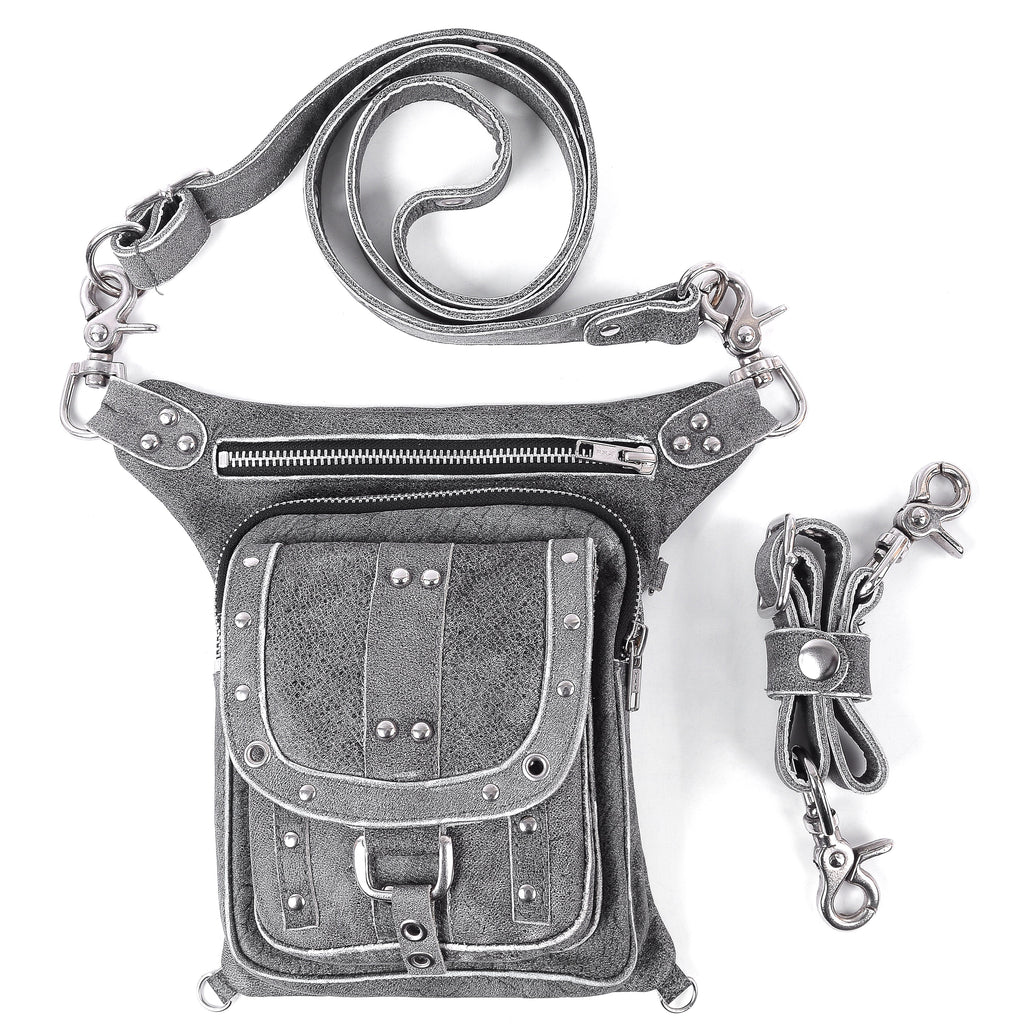 Grey Drop Leg Waist Fanny Leather Thigh Bag