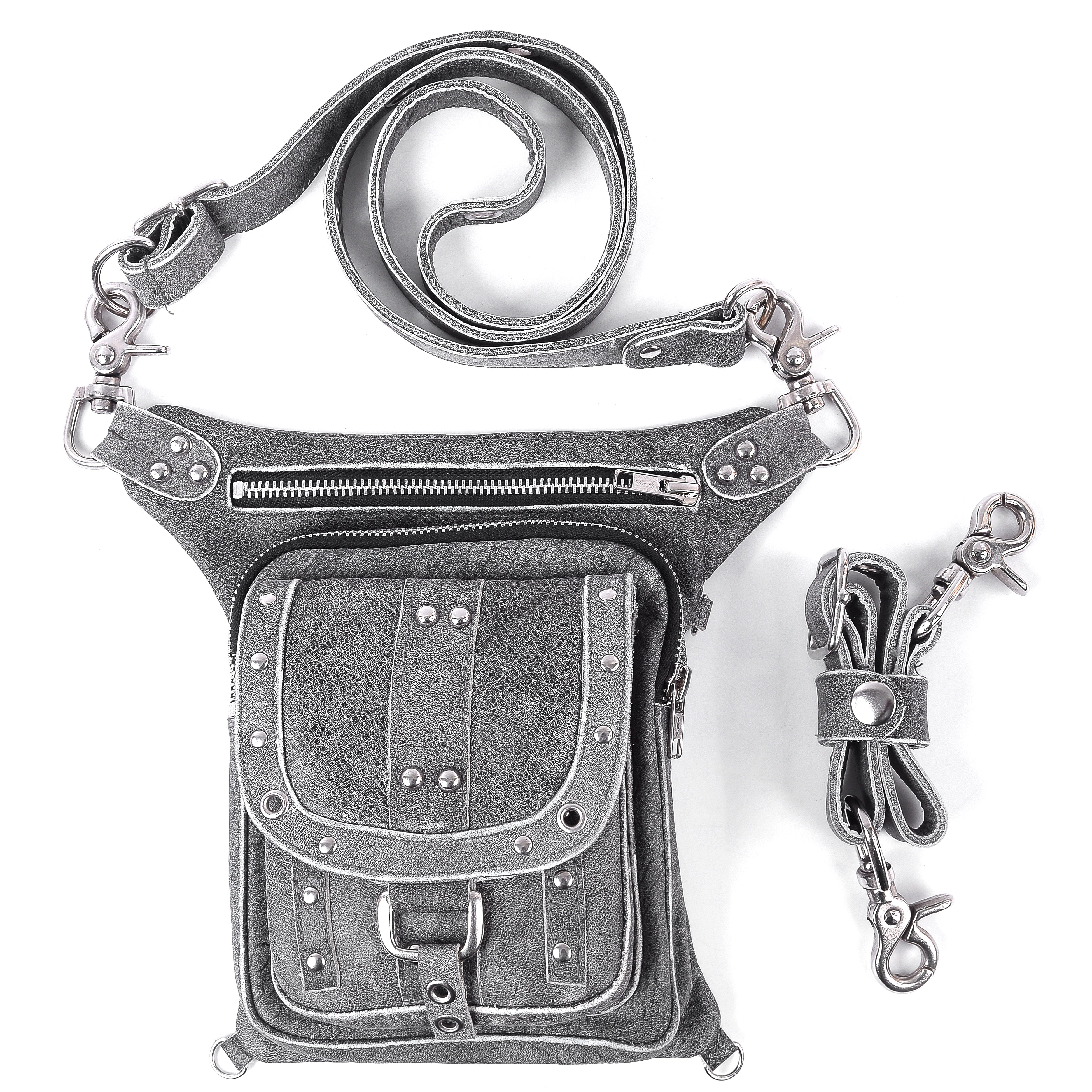 Grey Drop Leg Waist Fanny Leather Thigh Bag