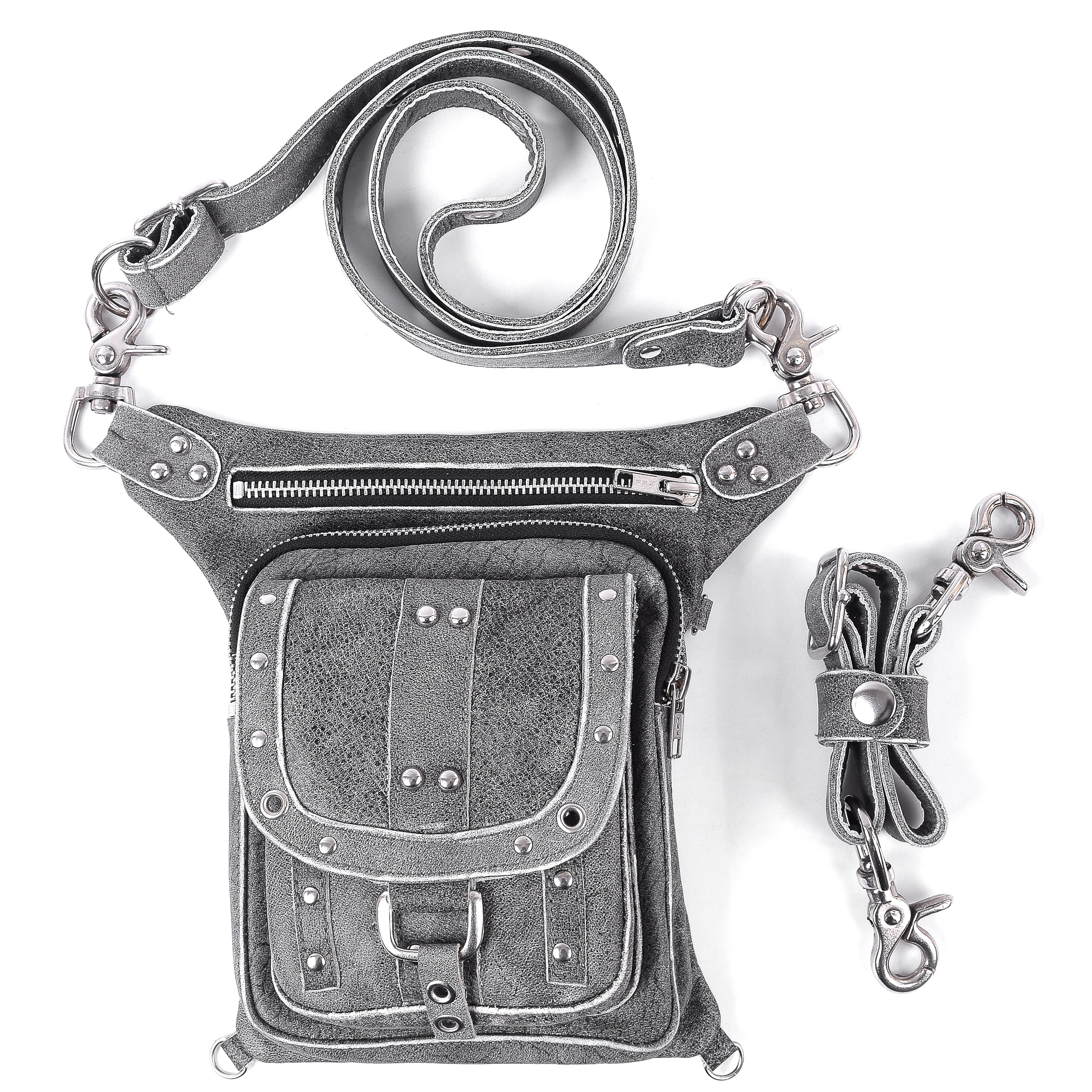 Distressed Grey Leather Thigh Bag – Small Utility Leg Pouch by Rexons